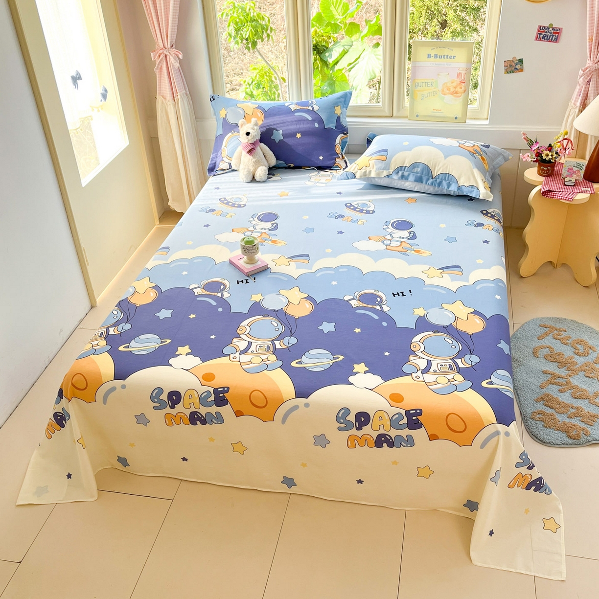 91家纺网 家纺一手货源 找家纺 莱通家纺 2026春夏新款全棉12868印花四件套单品系列-单床单 太空梦乐园