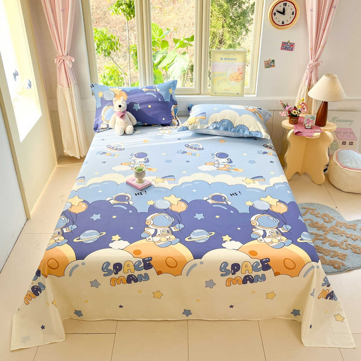 91家纺网 家纺一手货源 找家纺 莱通家纺 2026春夏新款全棉12868印花四件套单品系列-单床单 太空梦乐园