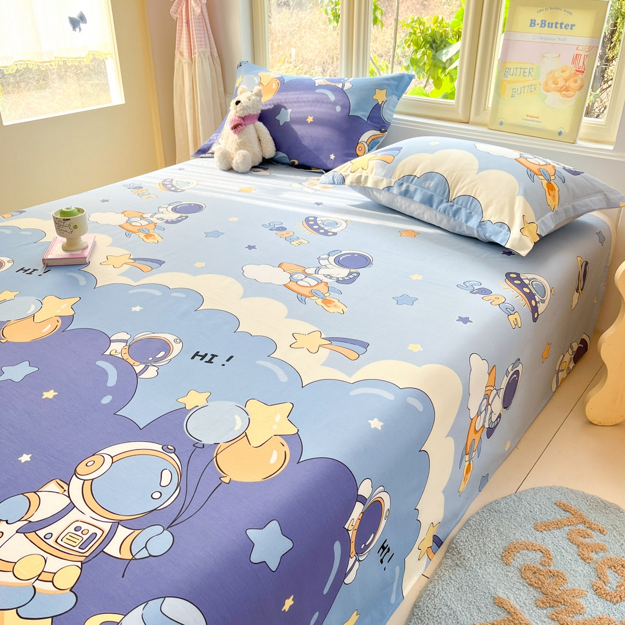 91家纺网 家纺一手货源 找家纺 莱通家纺 2026春夏新款全棉12868印花四件套单品系列-单床单 太空梦乐园