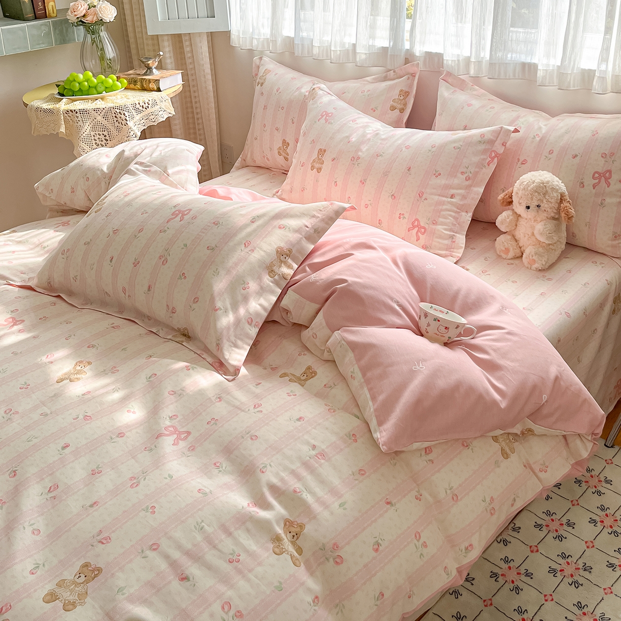 91家纺网 家纺一手货源 找家纺 花梦欣 2026新款全棉纯棉印花单品系列花卉款单被套被套单品单被套 温柔花朵熊