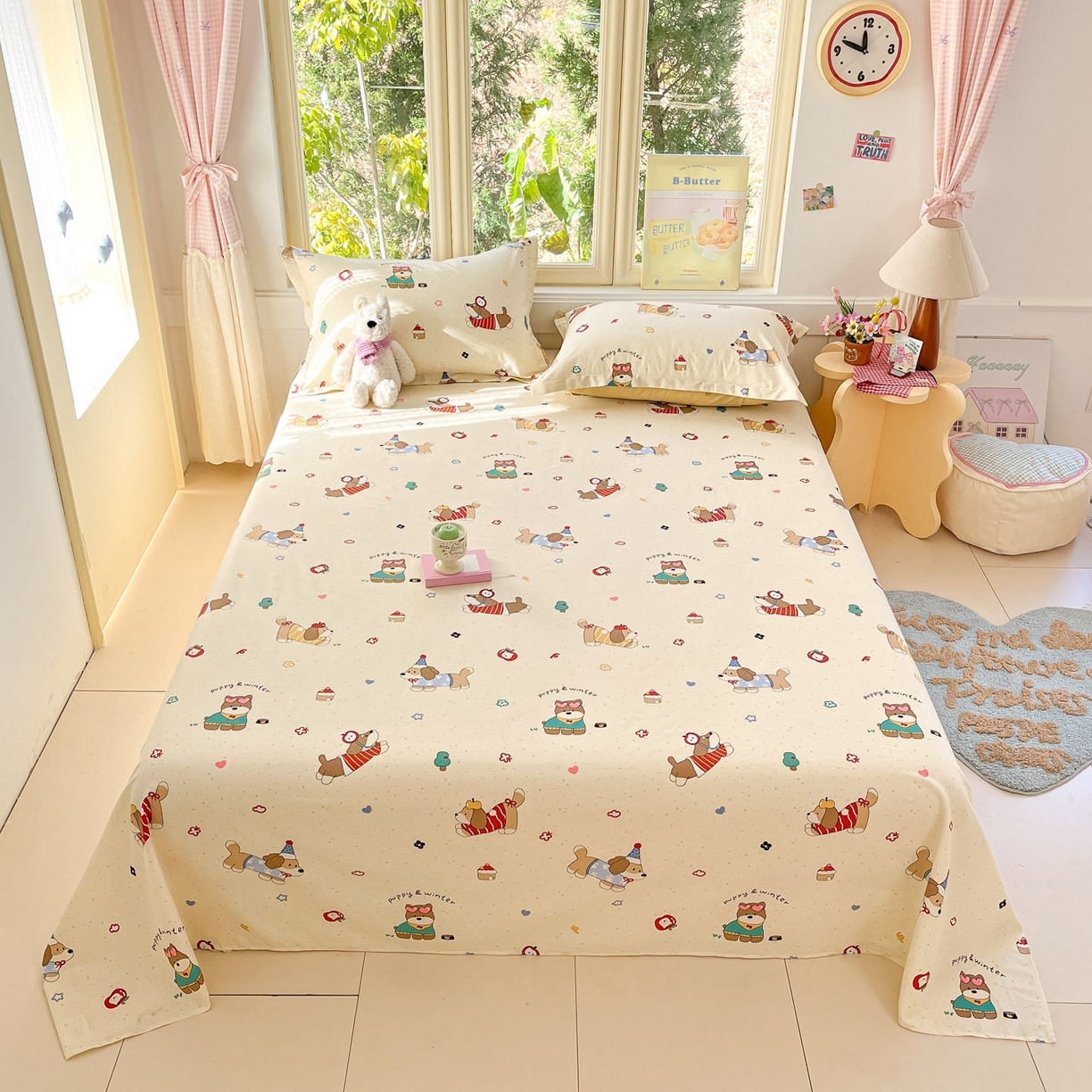 91家纺网 家纺一手货源 找家纺 莱通家纺 2026春夏新款全棉12868印花四件套单品系列-单床单 汪星卧室