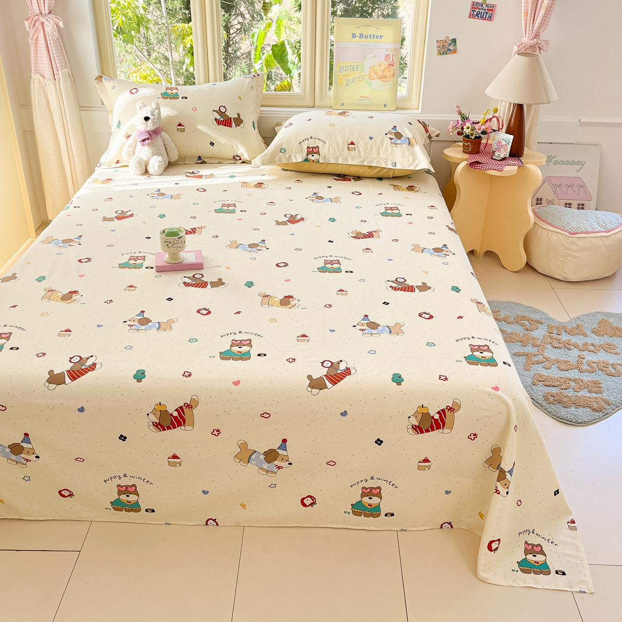 91家纺网 家纺一手货源 找家纺 莱通家纺 2026春夏新款全棉12868印花四件套单品系列-单床单 汪星卧室