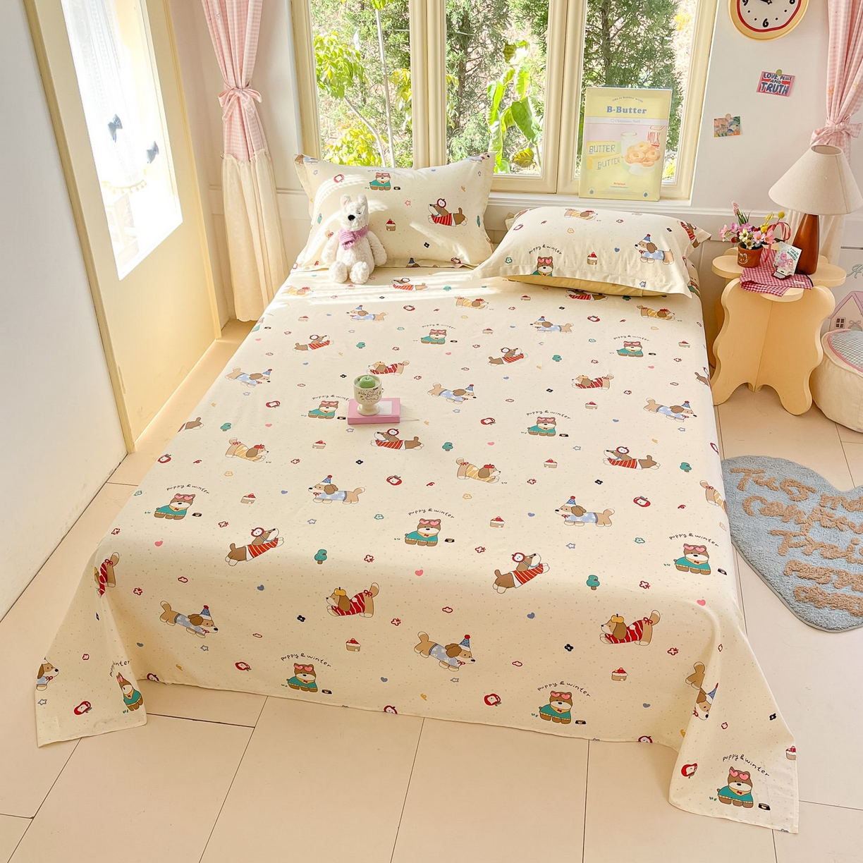 91家纺网 家纺一手货源 找家纺 莱通家纺 2026春夏新款全棉12868印花四件套单品系列-单床单 汪星卧室