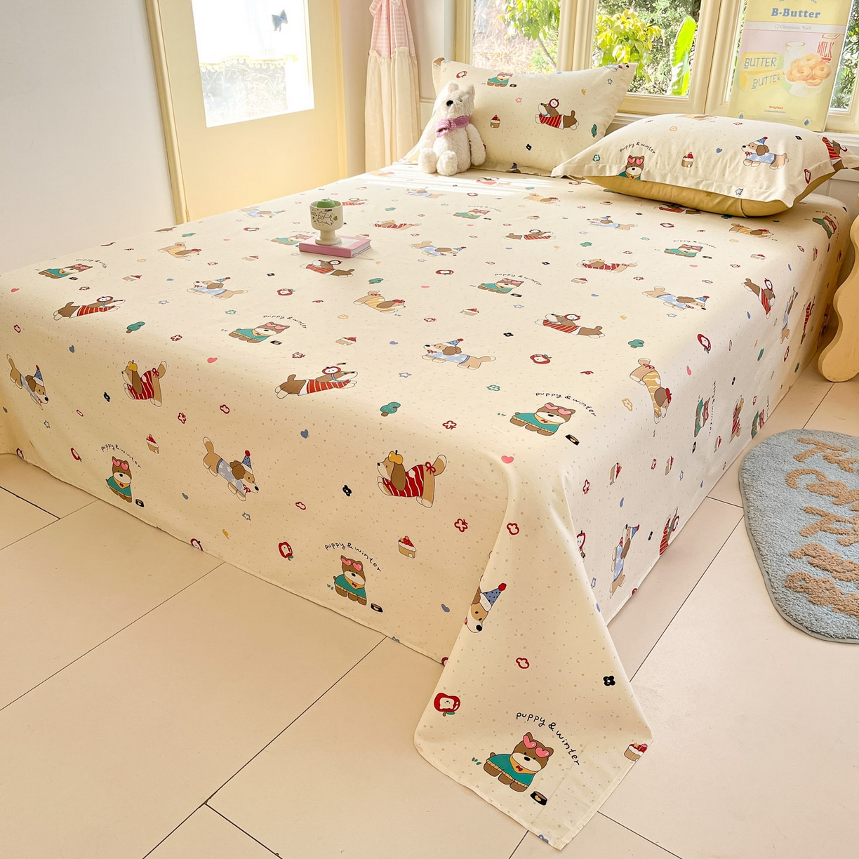 91家纺网 家纺一手货源 找家纺 莱通家纺 2026春夏新款全棉12868印花四件套单品系列-单床单 汪星卧室