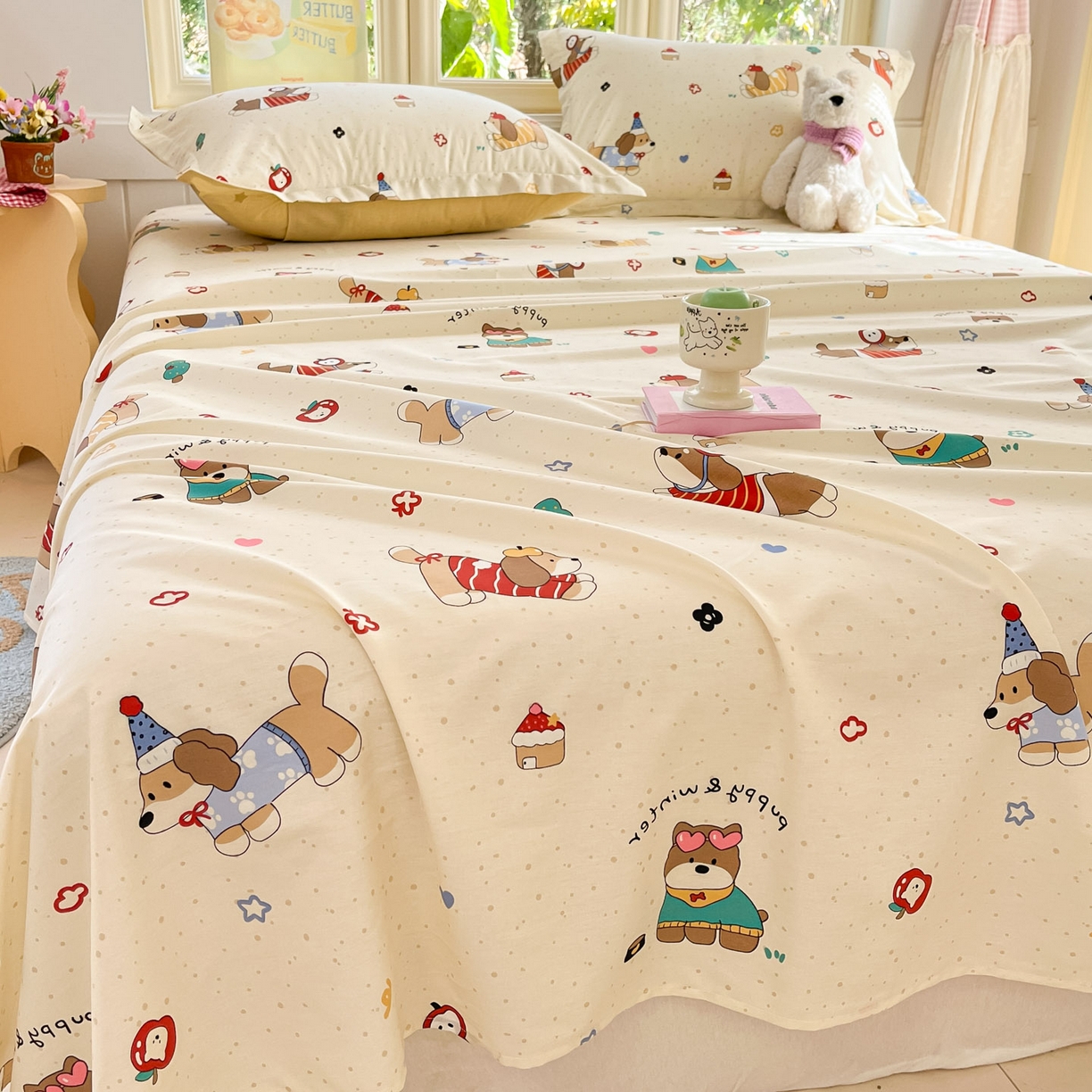 91家纺网 家纺一手货源 找家纺 莱通家纺 2026春夏新款全棉12868印花四件套单品系列-单床单 汪星卧室