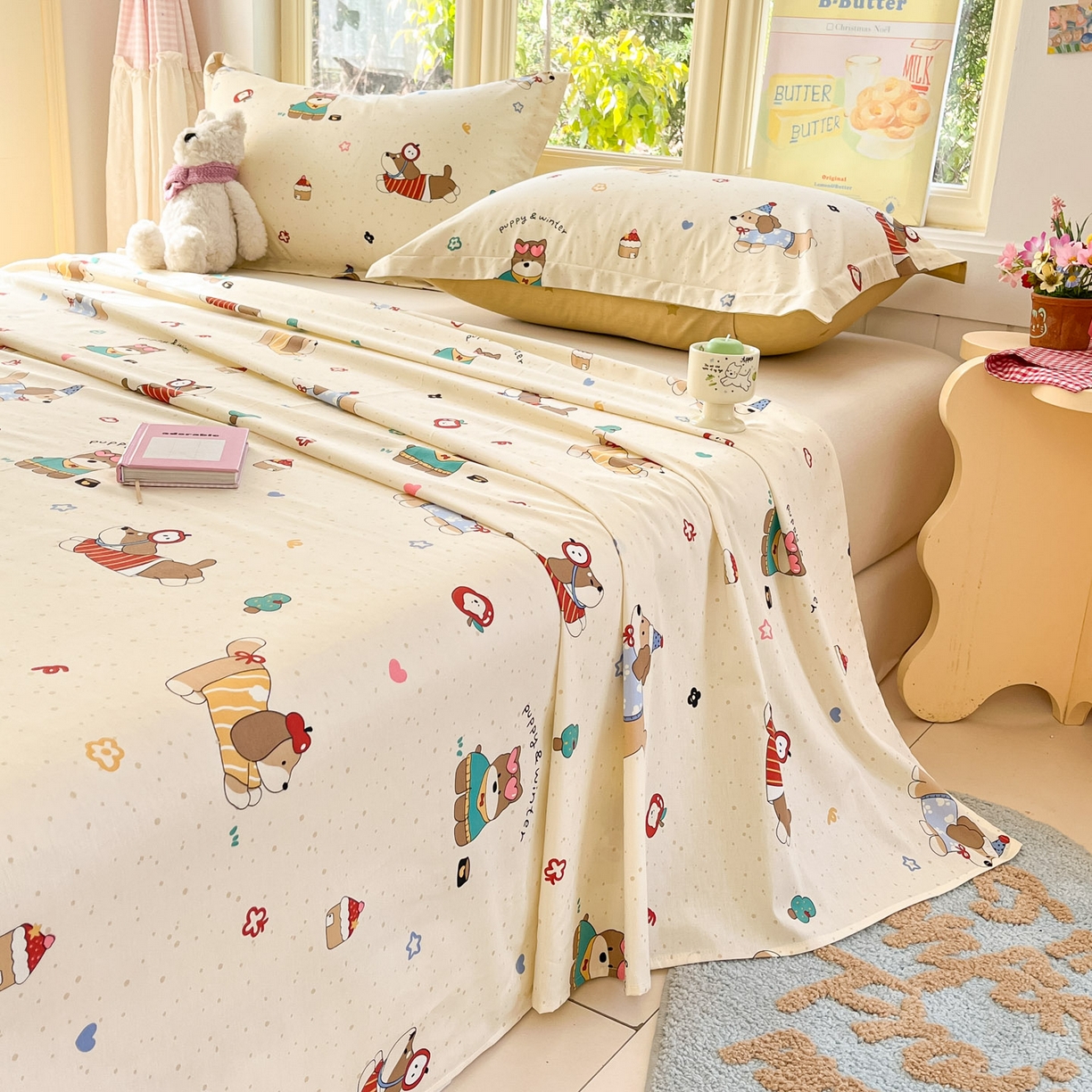 91家纺网 家纺一手货源 找家纺 莱通家纺 2026春夏新款全棉12868印花四件套单品系列-单床单 汪星卧室