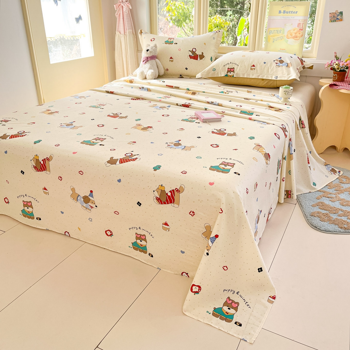 91家纺网 家纺一手货源 找家纺 莱通家纺 2026春夏新款全棉12868印花四件套单品系列-单床单 汪星卧室