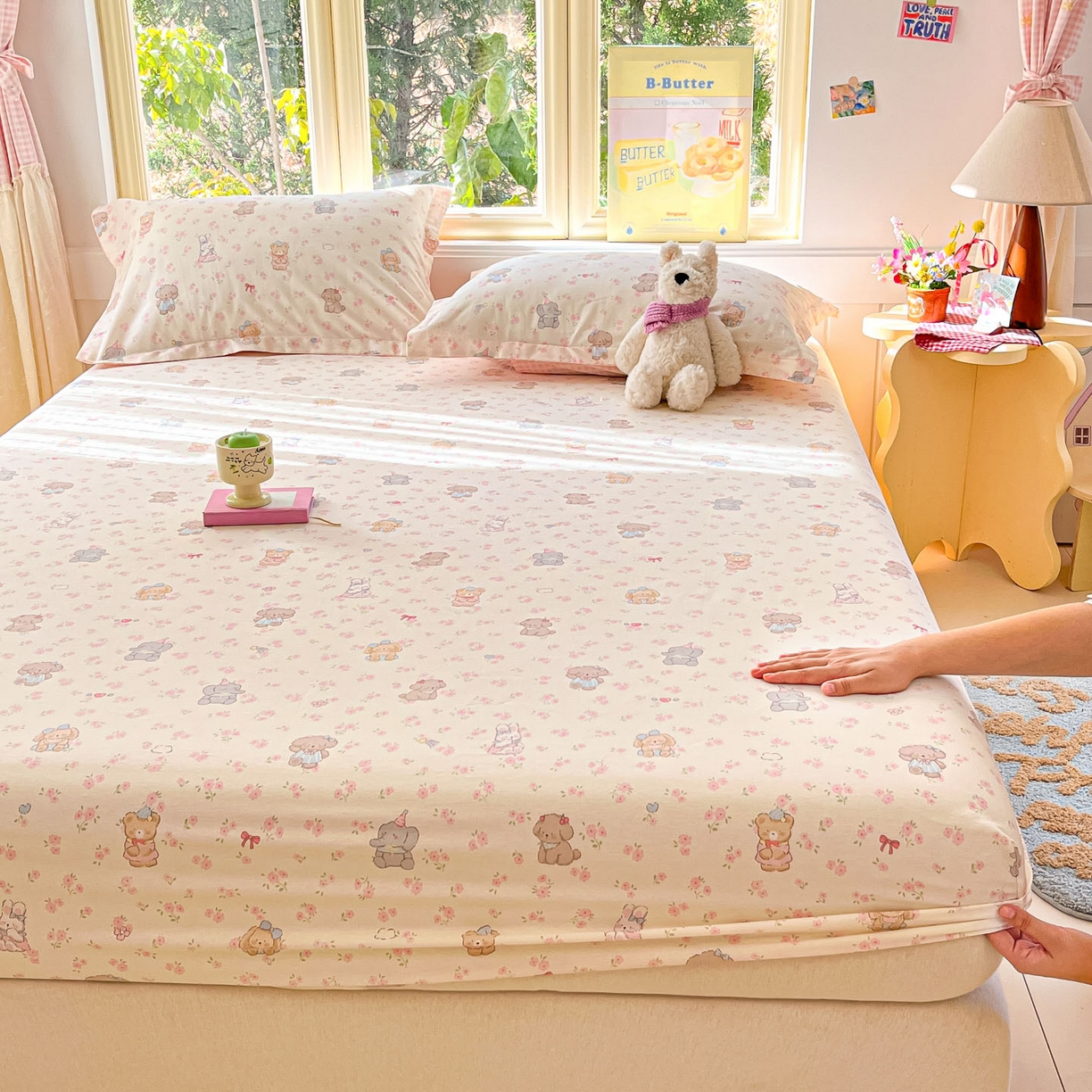 91家纺网 家纺一手货源 找家纺 莱通家纺 2026春夏新款全棉12868印花四件套单品系列-单床笠 奶酪幼儿园