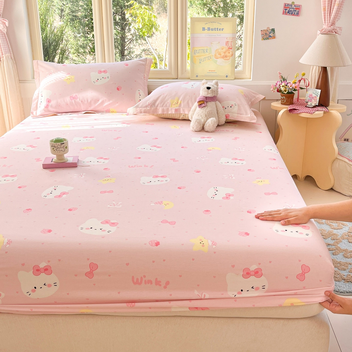 91家纺网 家纺一手货源 找家纺 莱通家纺 2026春夏新款全棉12868印花四件套单品系列-单床笠 奶油凯蒂