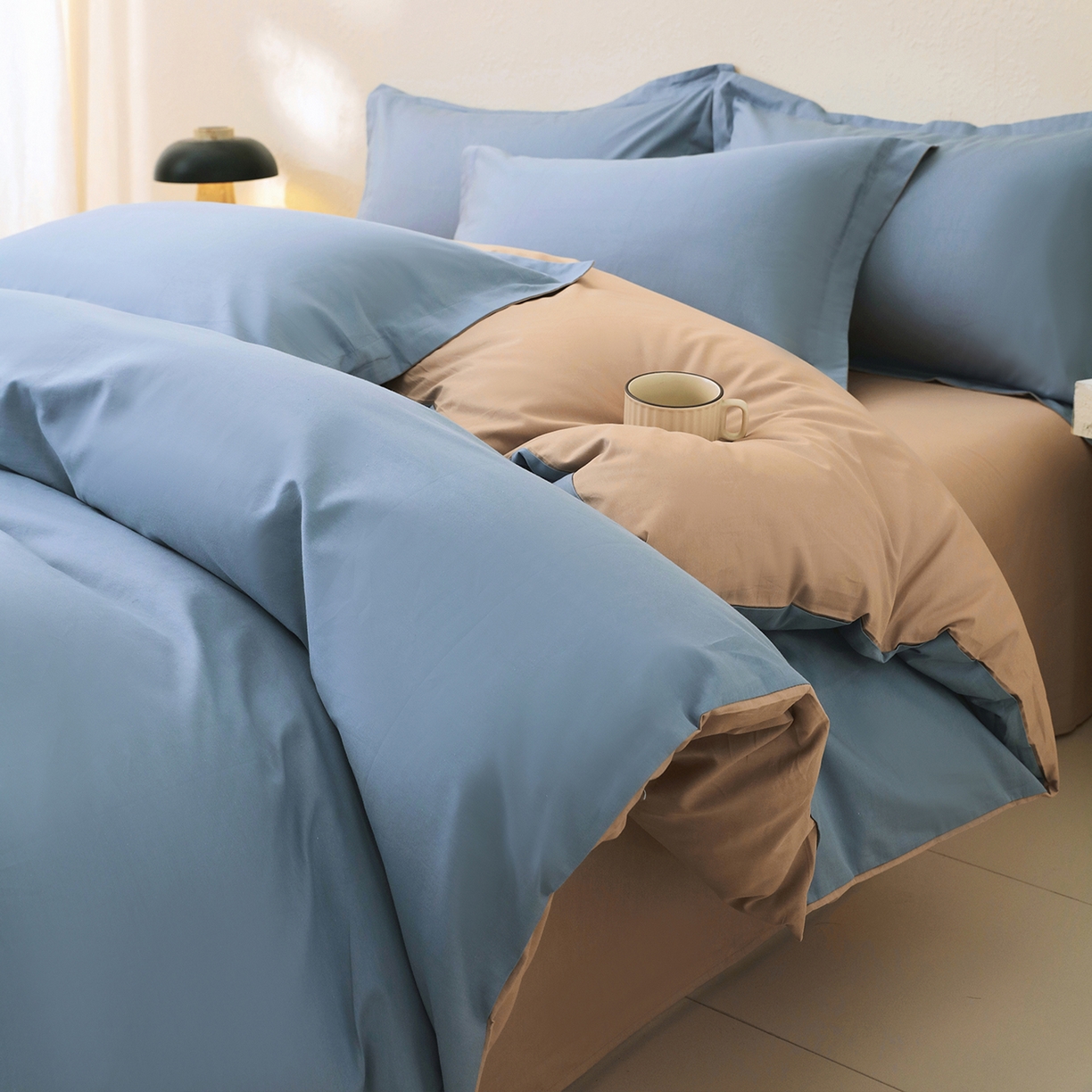 91家纺网 家纺一手货源 找家纺 小懒猪 2026新款13372A类双拼纯色全棉纯棉四件套 莱茵蓝-茶棕