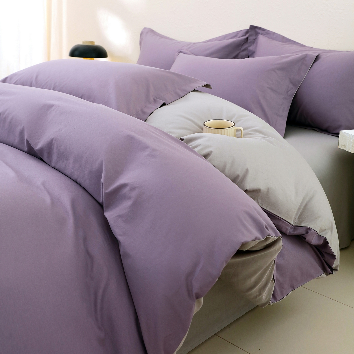 91家纺网 家纺一手货源 找家纺 小懒猪 2026新款13372A类双拼纯色全棉纯棉四件套 罗兰紫-椰子灰