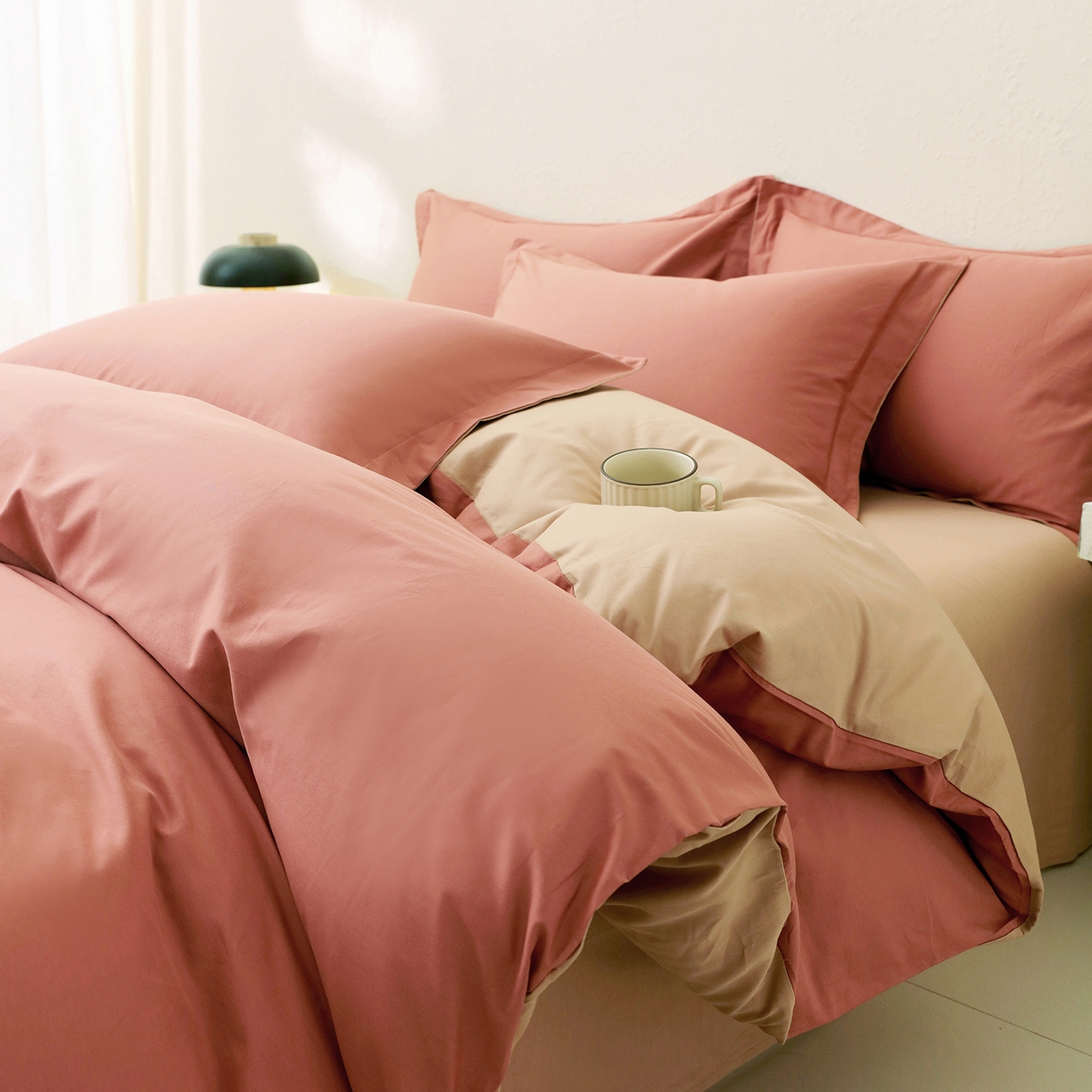 91家纺网 家纺一手货源 找家纺 小懒猪 2026新款13372A类双拼纯色全棉纯棉四件套 蜜棕红-茶棕