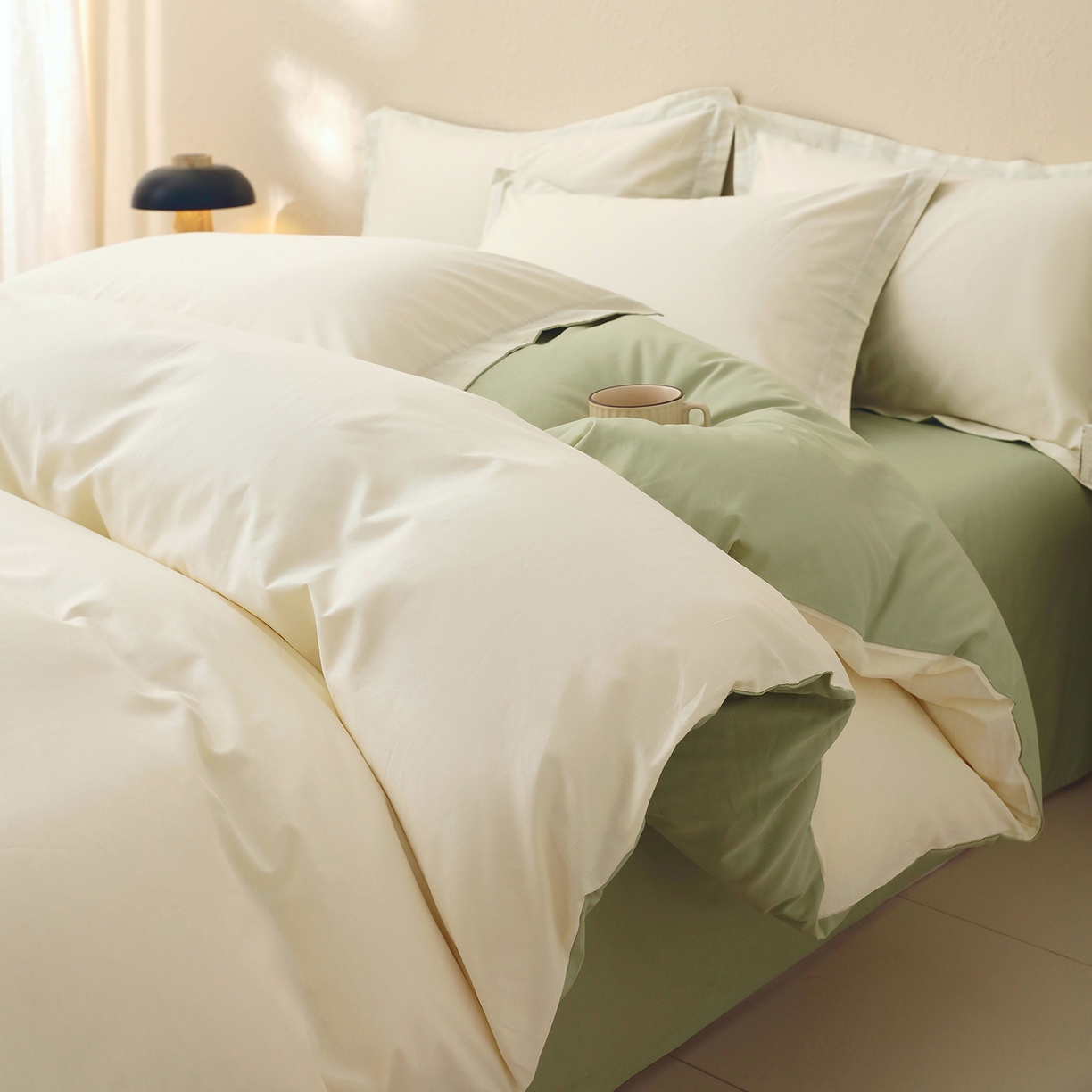 91家纺网 家纺一手货源 找家纺 小懒猪 2026新款13372A类双拼纯色全棉纯棉四件套 奶昔白-清风绿