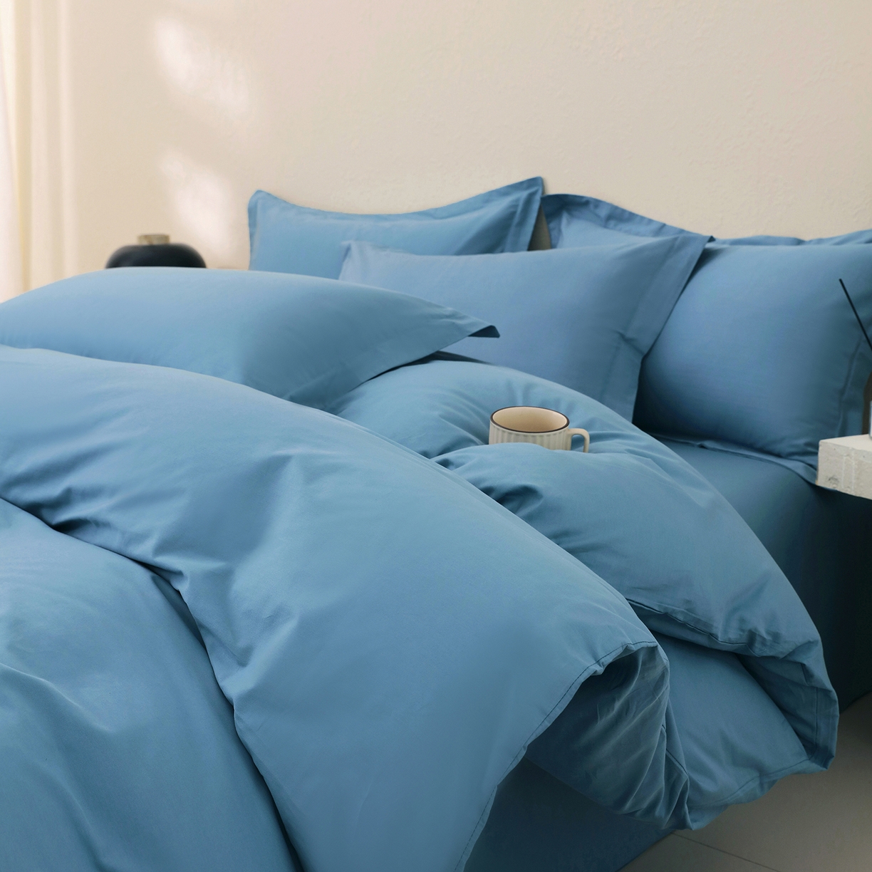 91家纺网 家纺一手货源 找家纺 小懒猪 2026新款13372A类双拼纯色全棉纯棉四件套 绅士蓝