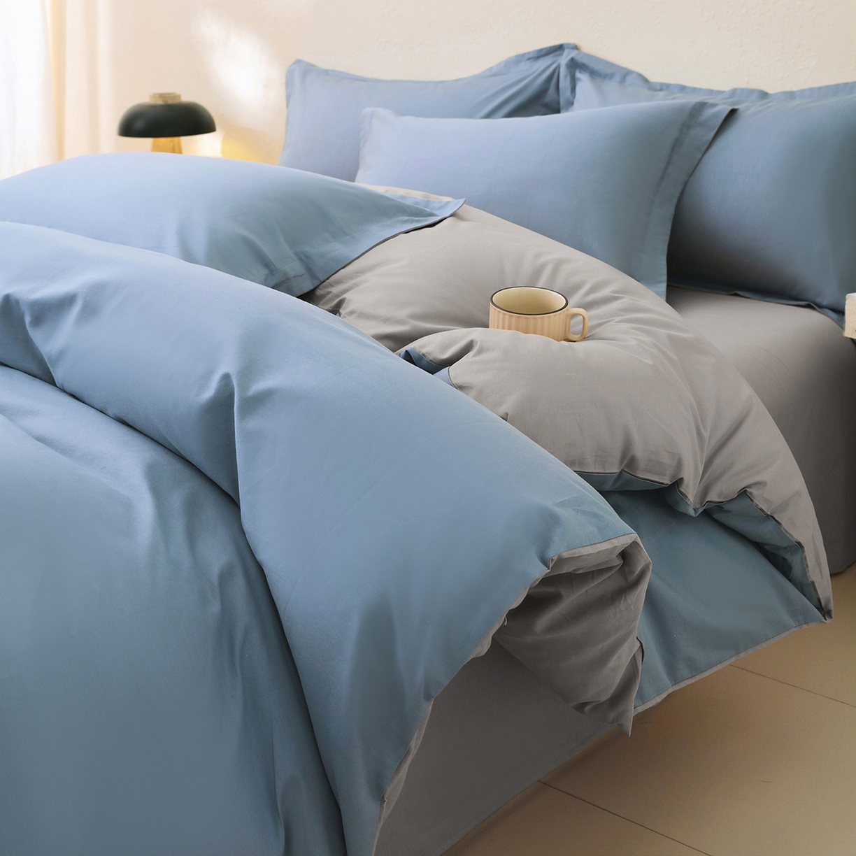 小懒猪 2026新款13372A类双拼纯色全棉纯棉四件套 莱茵蓝-椰子灰
