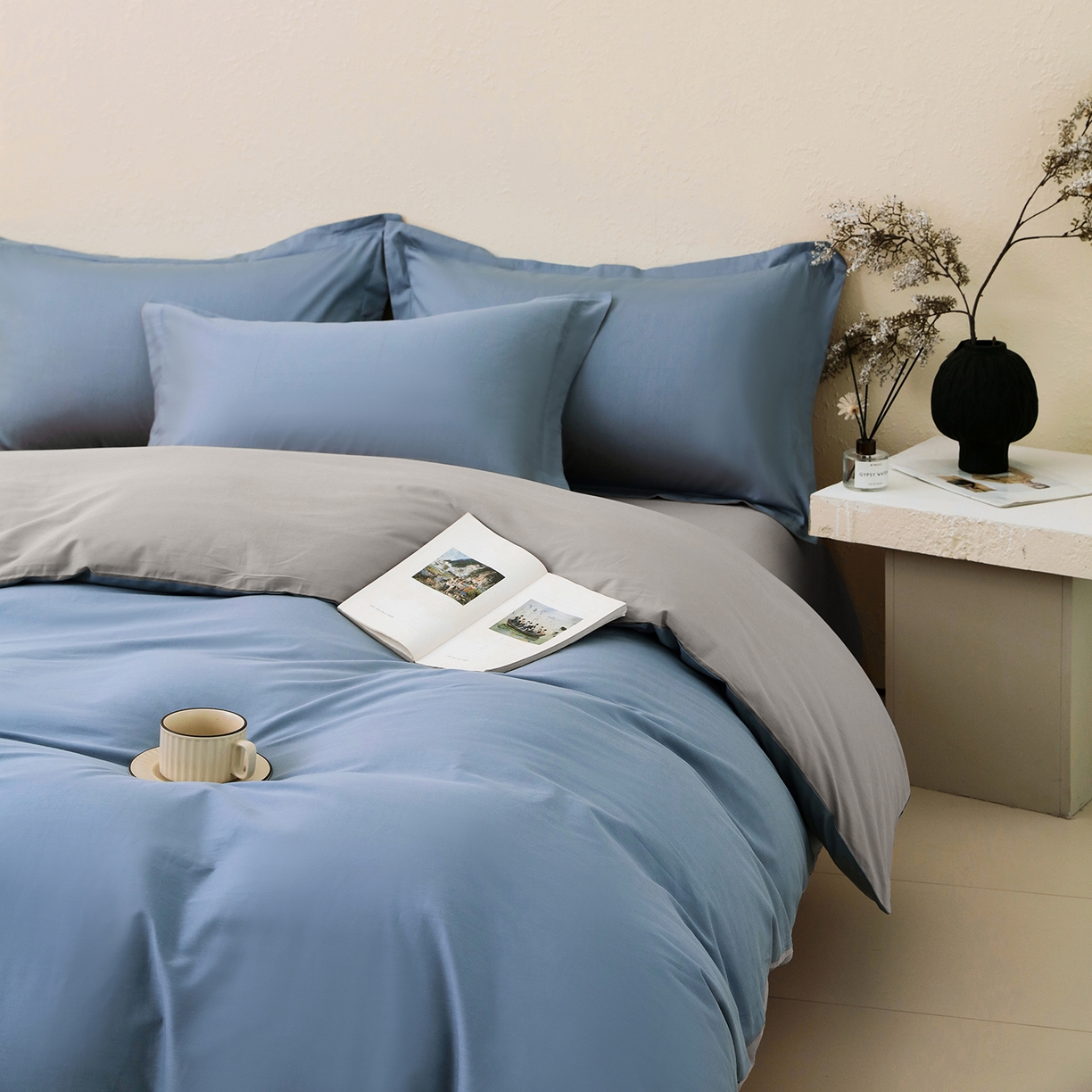 91家纺网 家纺一手货源 找家纺 小懒猪 2026新款13372A类双拼纯色全棉纯棉四件套 莱茵蓝-椰子灰