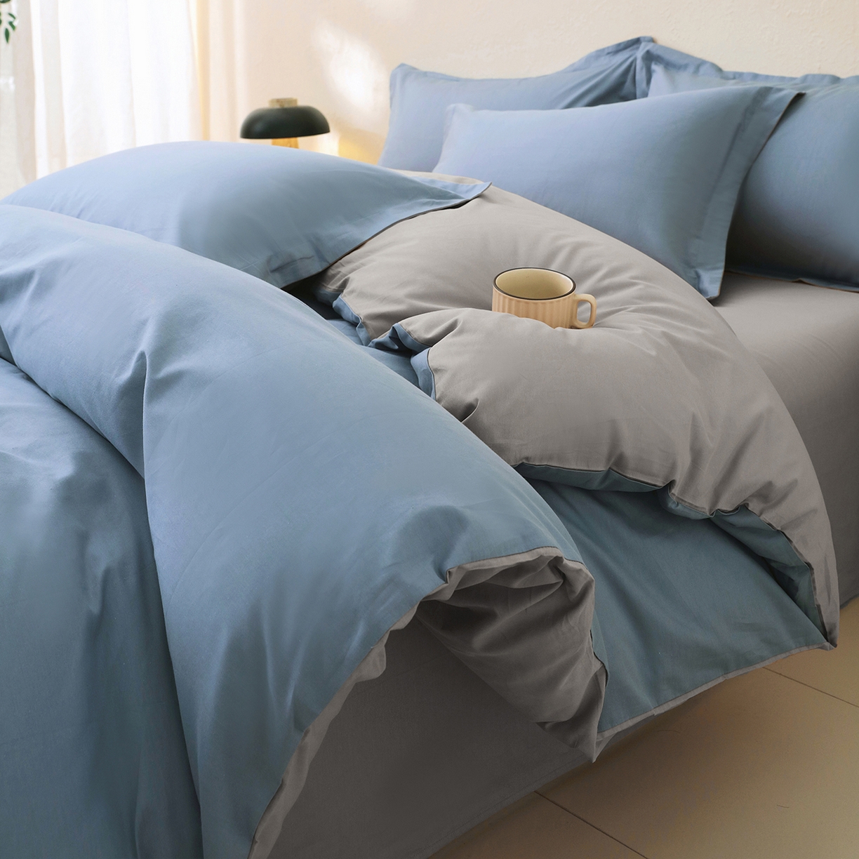 91家纺网 家纺一手货源 找家纺 小懒猪 2026新款13372A类双拼纯色全棉纯棉四件套 莱茵蓝-椰子灰