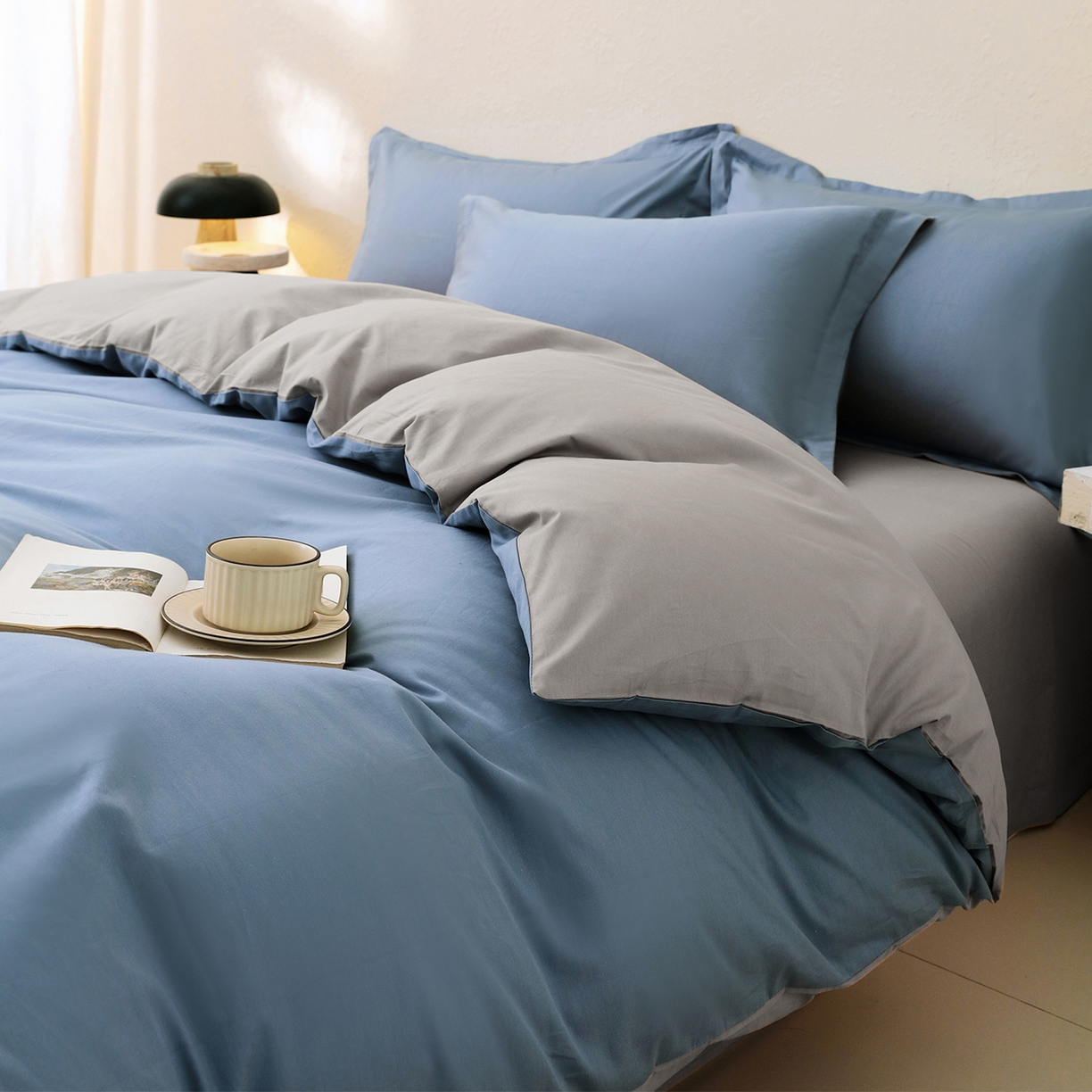 91家纺网 家纺一手货源 找家纺 小懒猪 2026新款13372A类双拼纯色全棉纯棉四件套 莱茵蓝-椰子灰