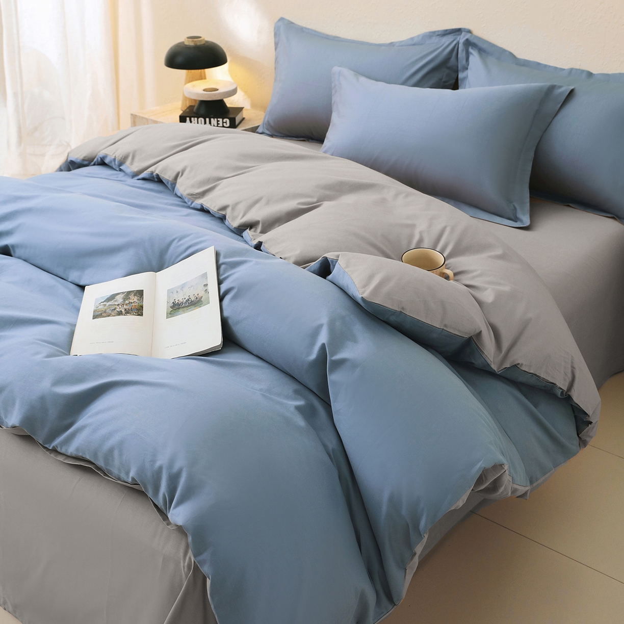 91家纺网 家纺一手货源 找家纺 小懒猪 2026新款13372A类双拼纯色全棉纯棉四件套 莱茵蓝-椰子灰