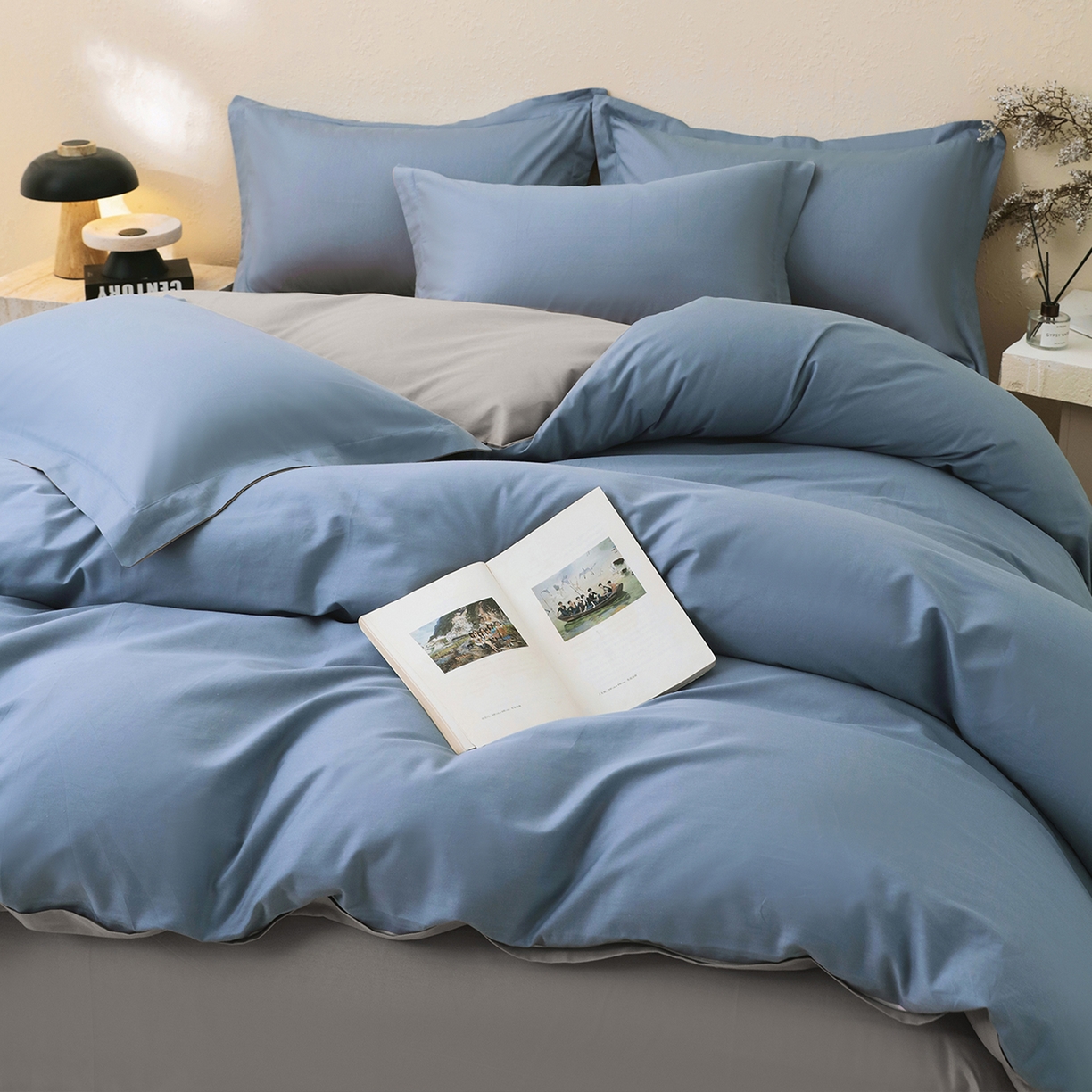 91家纺网 家纺一手货源 找家纺 小懒猪 2026新款13372A类双拼纯色全棉纯棉四件套 莱茵蓝-椰子灰