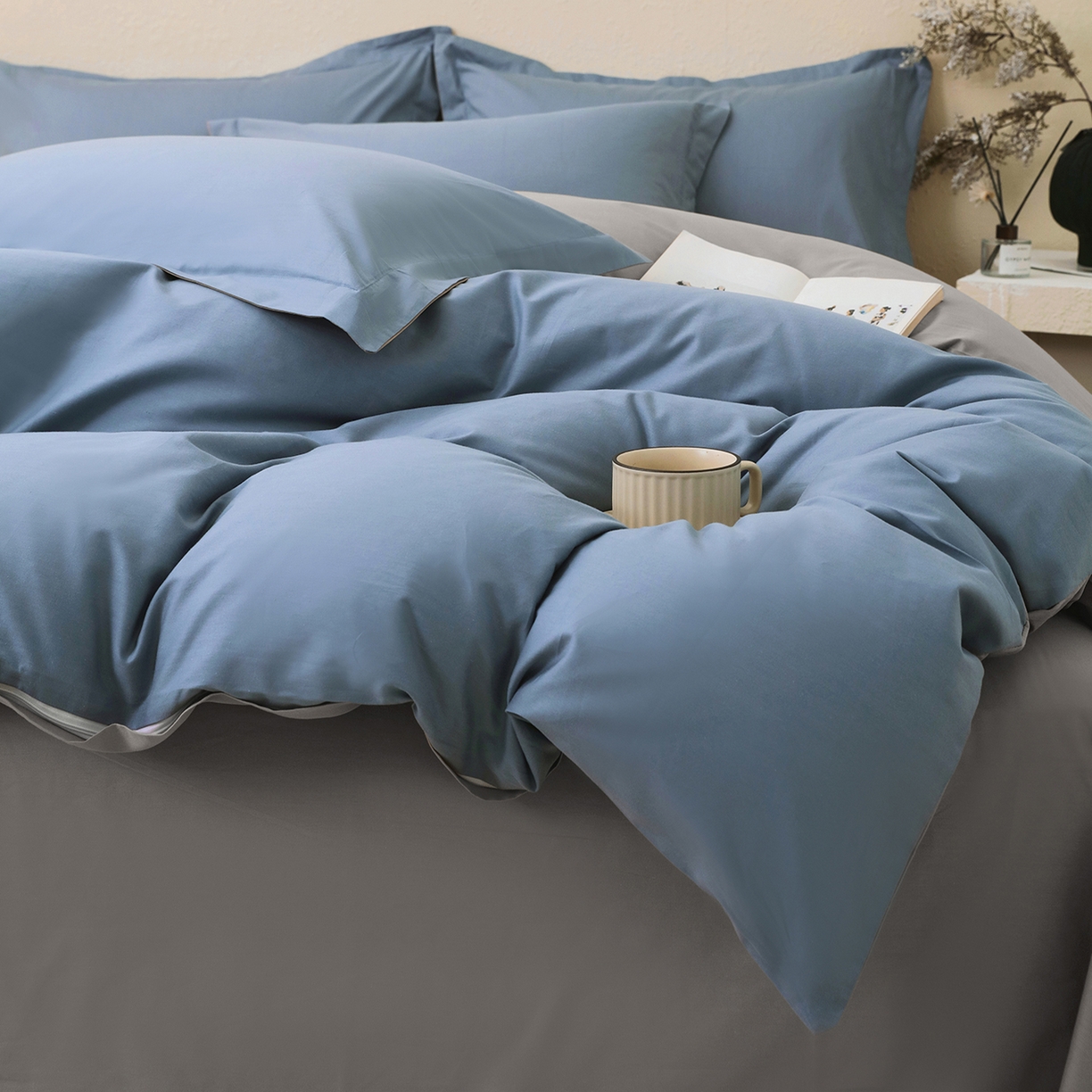 91家纺网 家纺一手货源 找家纺 小懒猪 2026新款13372A类双拼纯色全棉纯棉四件套 莱茵蓝-椰子灰