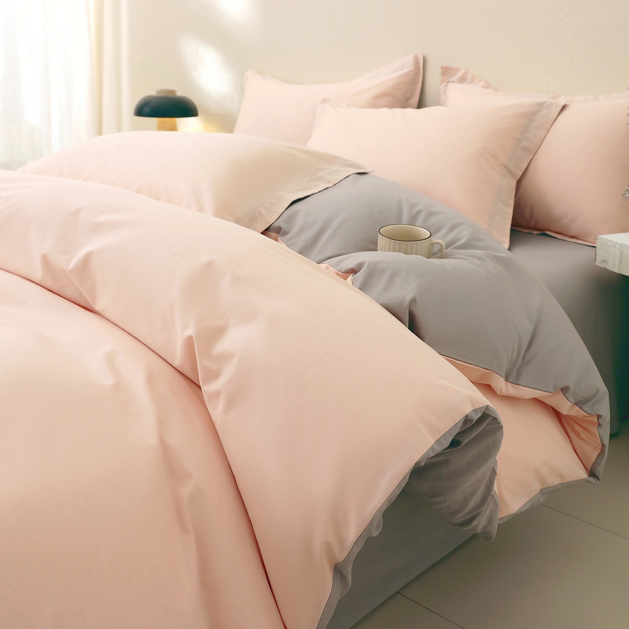 小懒猪 2026新款13372A类双拼纯色全棉纯棉四件套 白桃粉-椰子灰