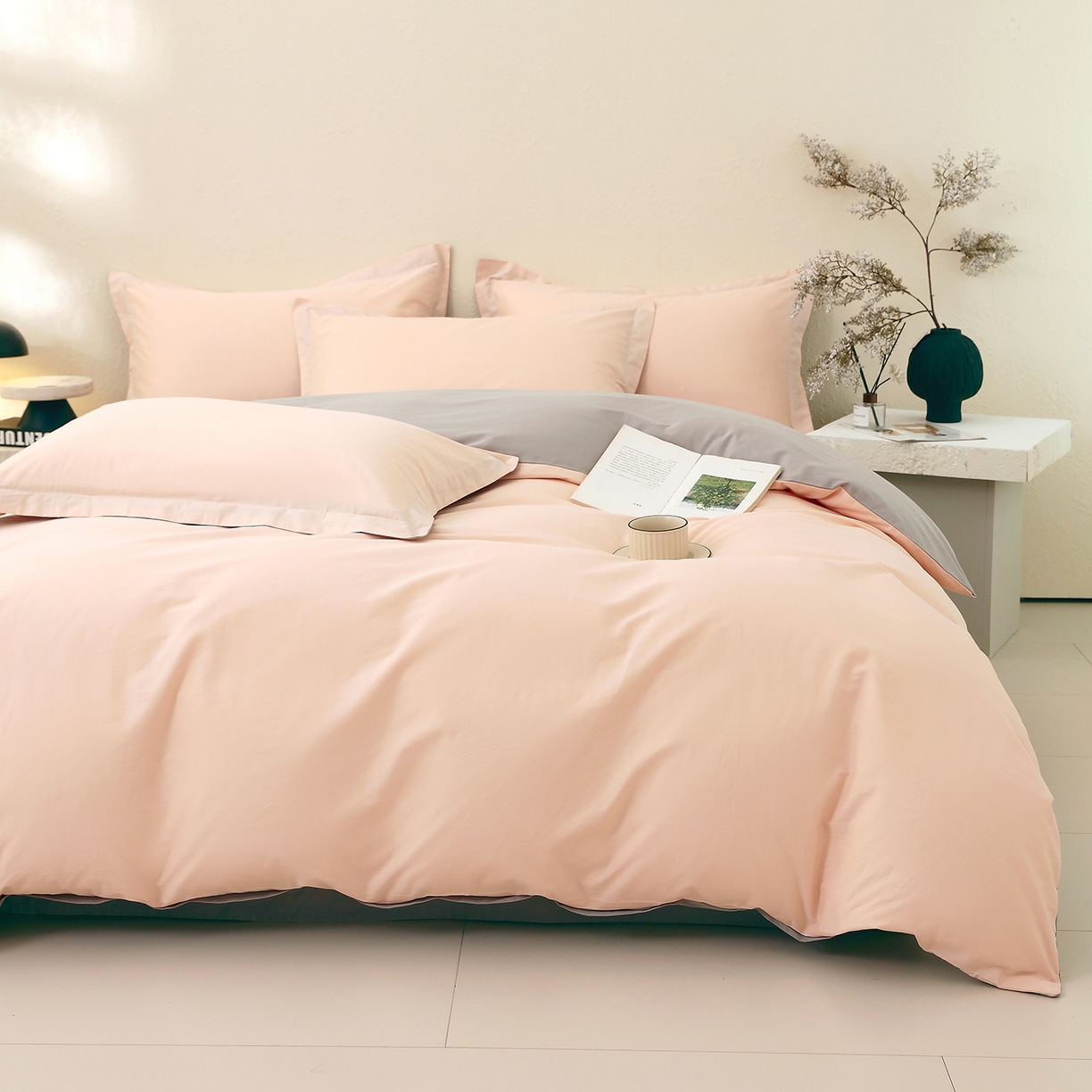 91家纺网 家纺一手货源 找家纺 小懒猪 2026新款13372A类双拼纯色全棉纯棉四件套 白桃粉-椰子灰