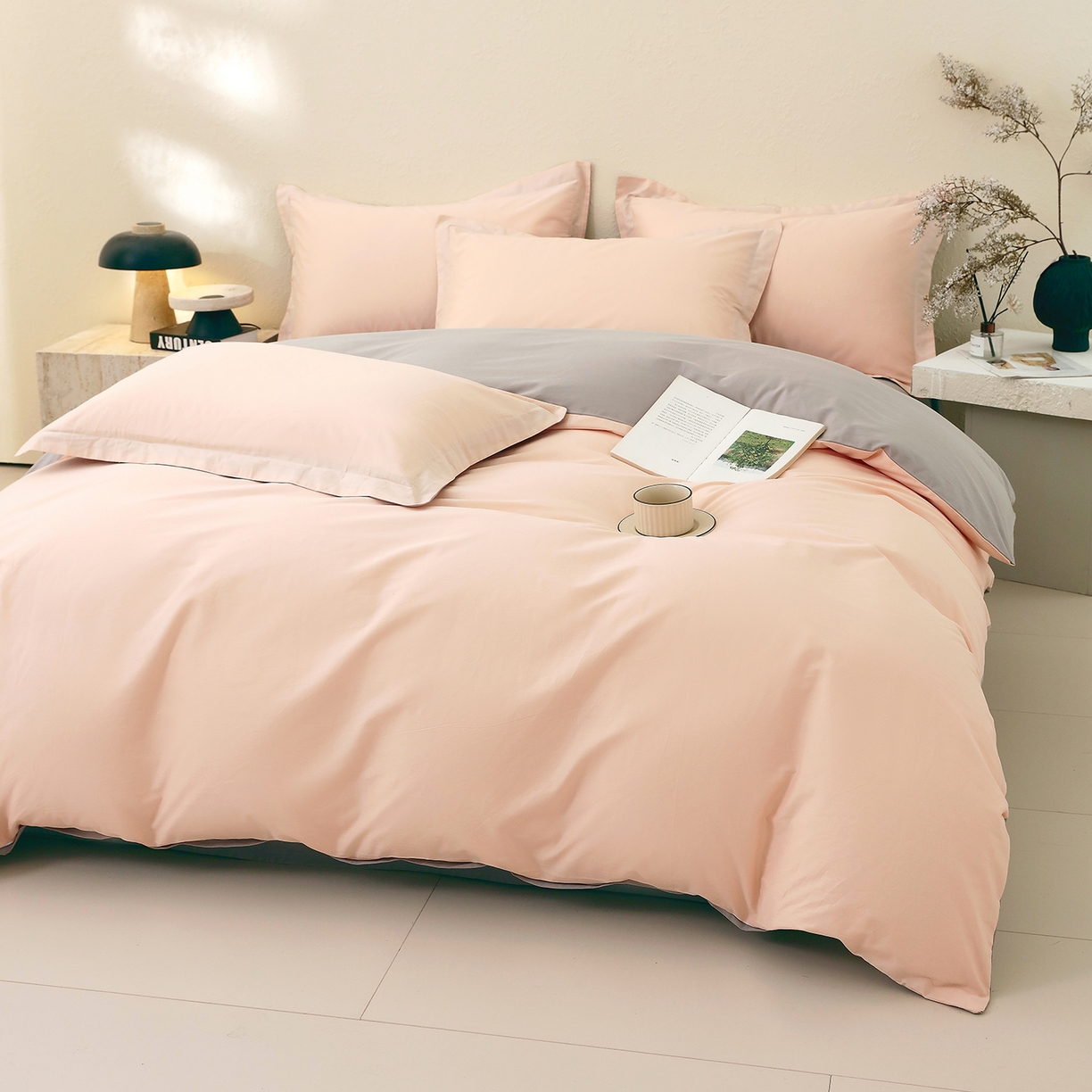 91家纺网 家纺一手货源 找家纺 小懒猪 2026新款13372A类双拼纯色全棉纯棉四件套 白桃粉-椰子灰