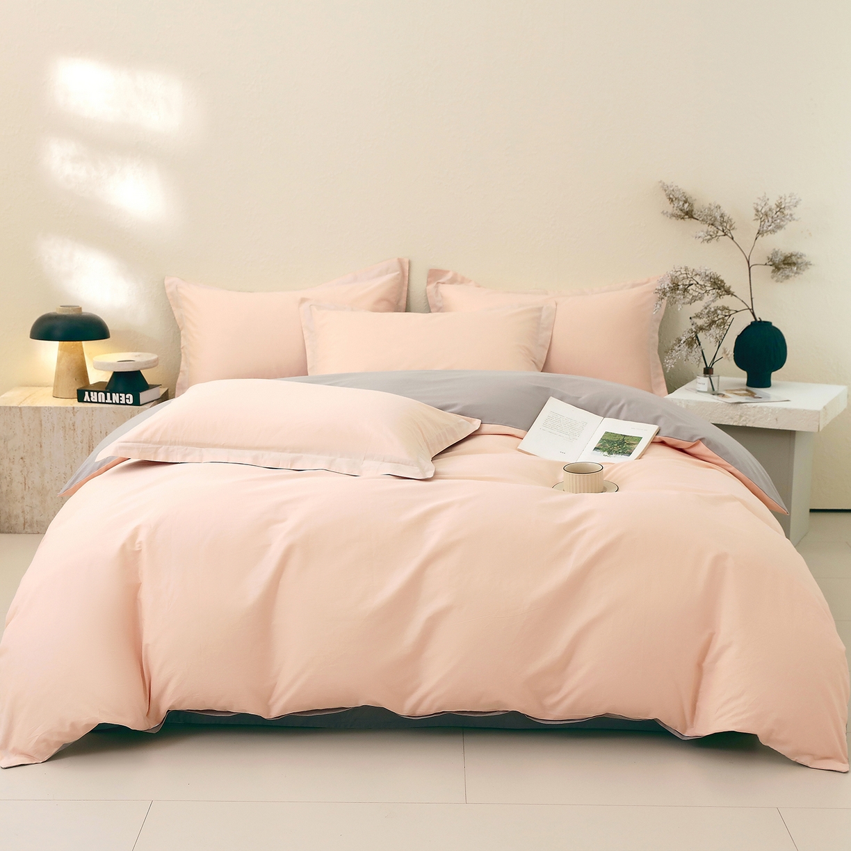 91家纺网 家纺一手货源 找家纺 小懒猪 2026新款13372A类双拼纯色全棉纯棉四件套 白桃粉-椰子灰