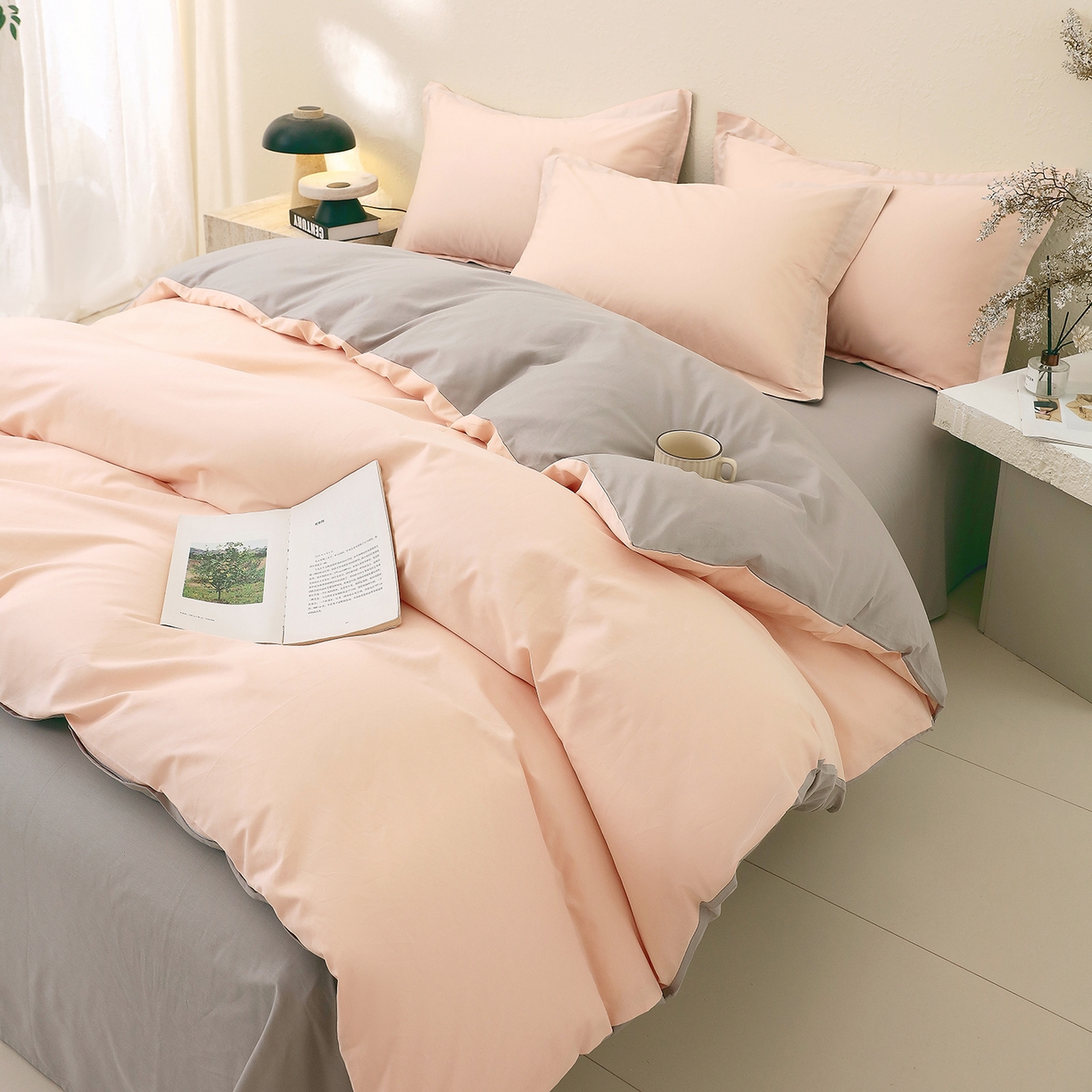 91家纺网 家纺一手货源 找家纺 小懒猪 2026新款13372A类双拼纯色全棉纯棉四件套 白桃粉-椰子灰