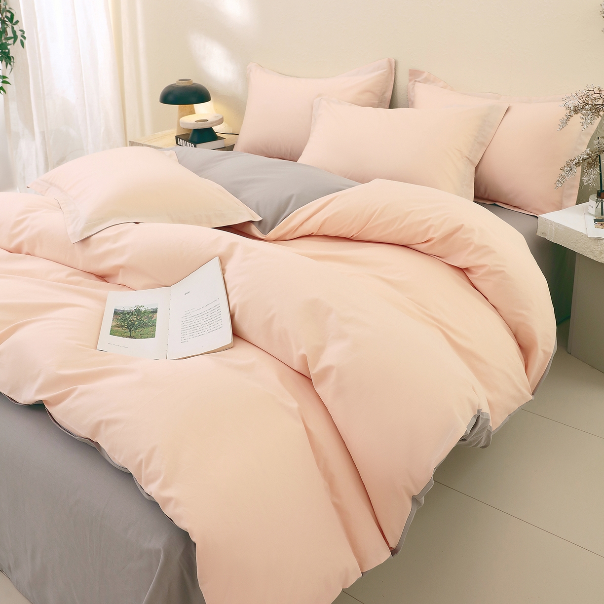 91家纺网 家纺一手货源 找家纺 小懒猪 2026新款13372A类双拼纯色全棉纯棉四件套 白桃粉-椰子灰