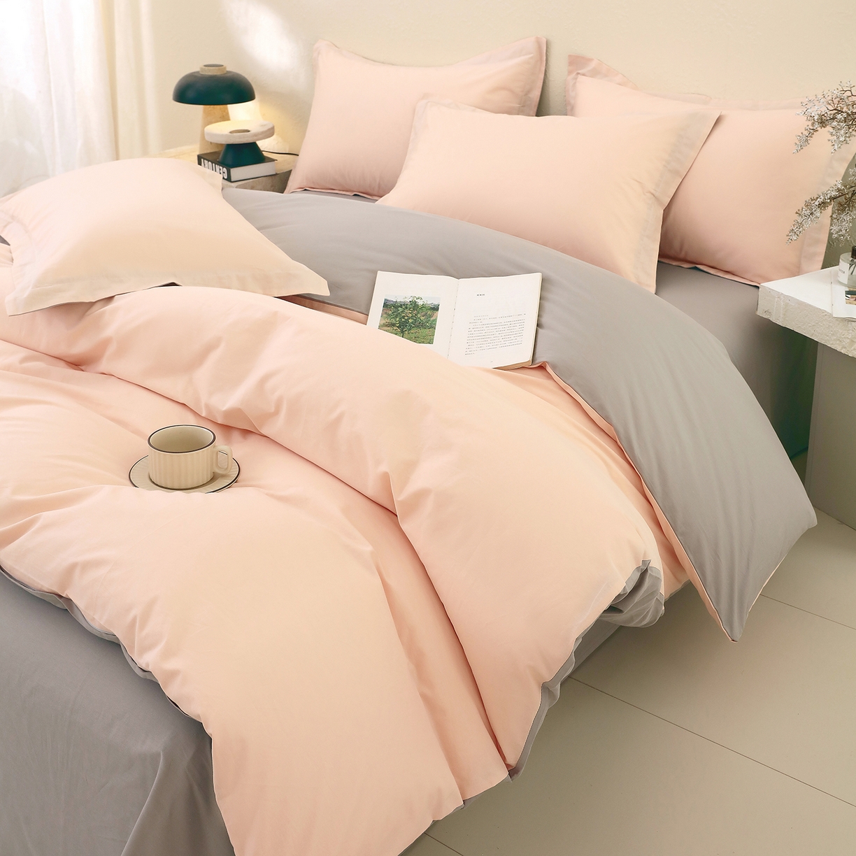 91家纺网 家纺一手货源 找家纺 小懒猪 2026新款13372A类双拼纯色全棉纯棉四件套 白桃粉-椰子灰