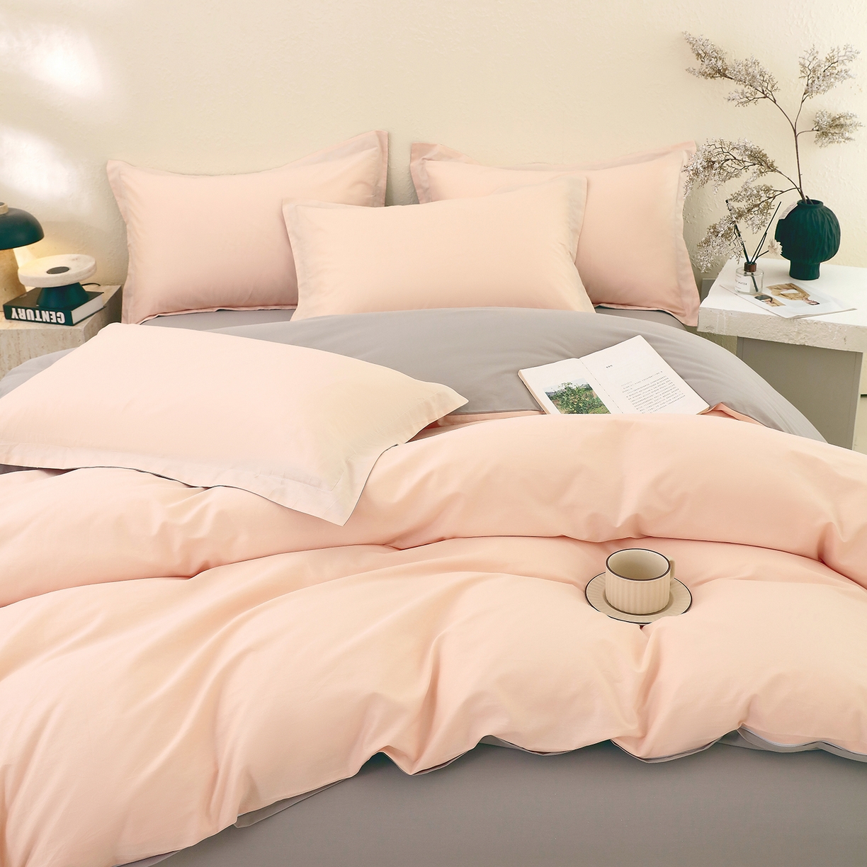 91家纺网 家纺一手货源 找家纺 小懒猪 2026新款13372A类双拼纯色全棉纯棉四件套 白桃粉-椰子灰