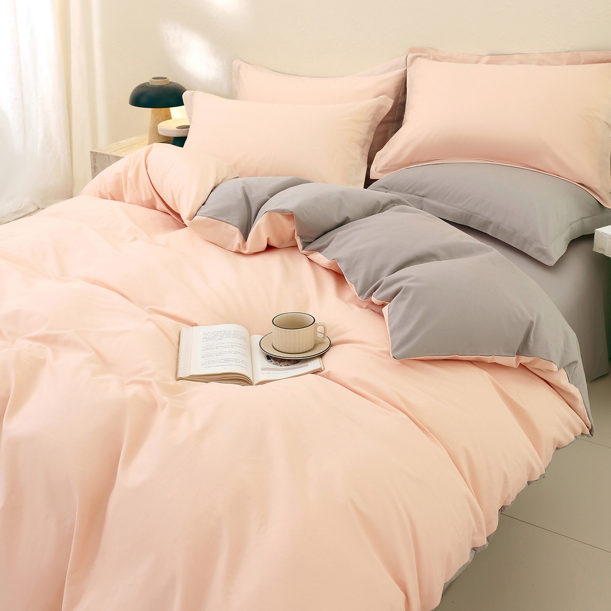 91家纺网 家纺一手货源 找家纺 小懒猪 2026新款13372A类双拼纯色全棉纯棉四件套 白桃粉-椰子灰