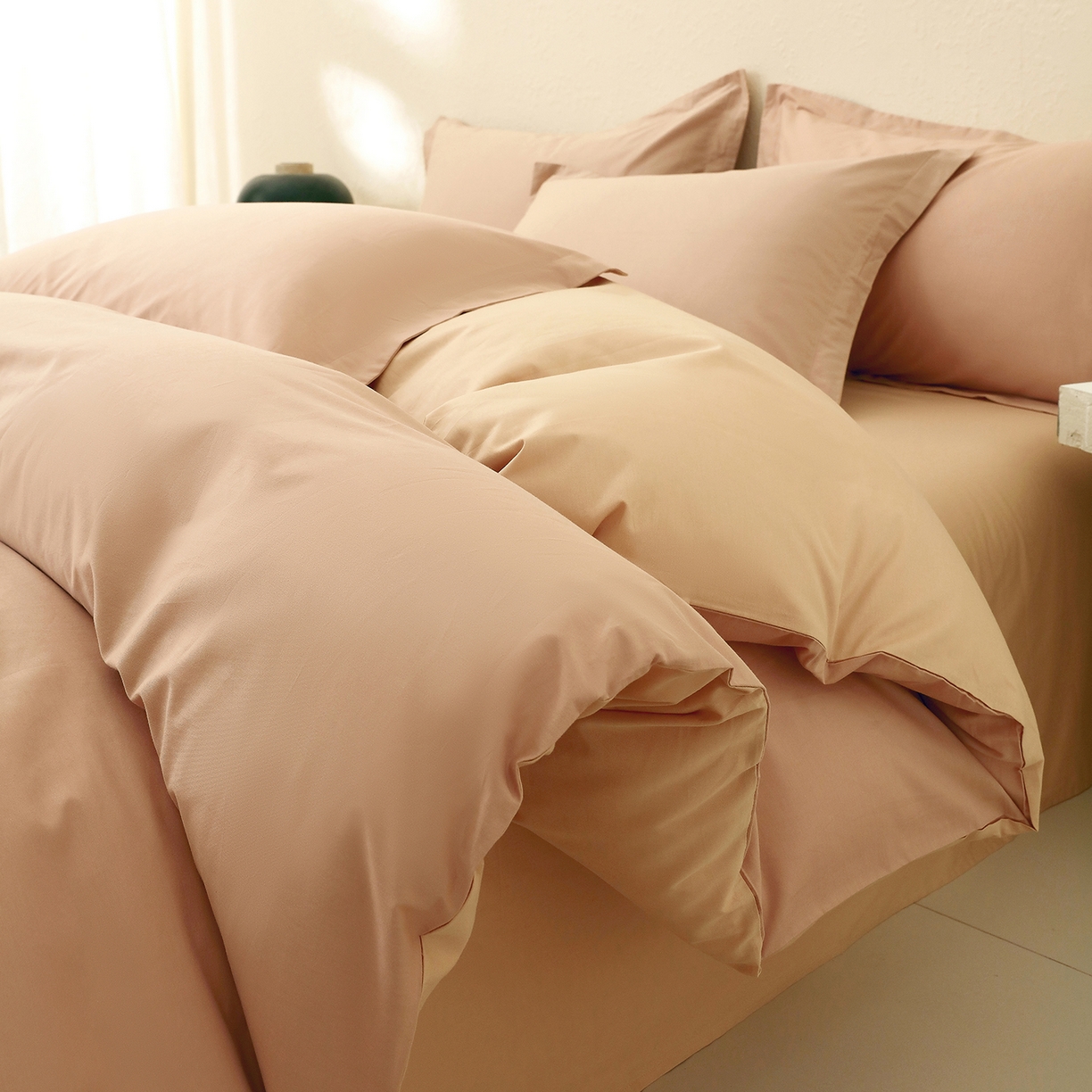 91家纺网 家纺一手货源 找家纺 小懒猪 2026新款13372A类双拼纯色全棉纯棉四件套 茶棕-奇遇金