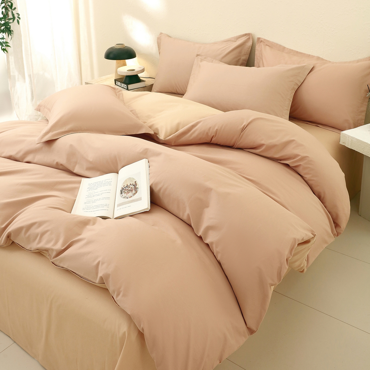 91家纺网 家纺一手货源 找家纺 小懒猪 2026新款13372A类双拼纯色全棉纯棉四件套 茶棕-奇遇金