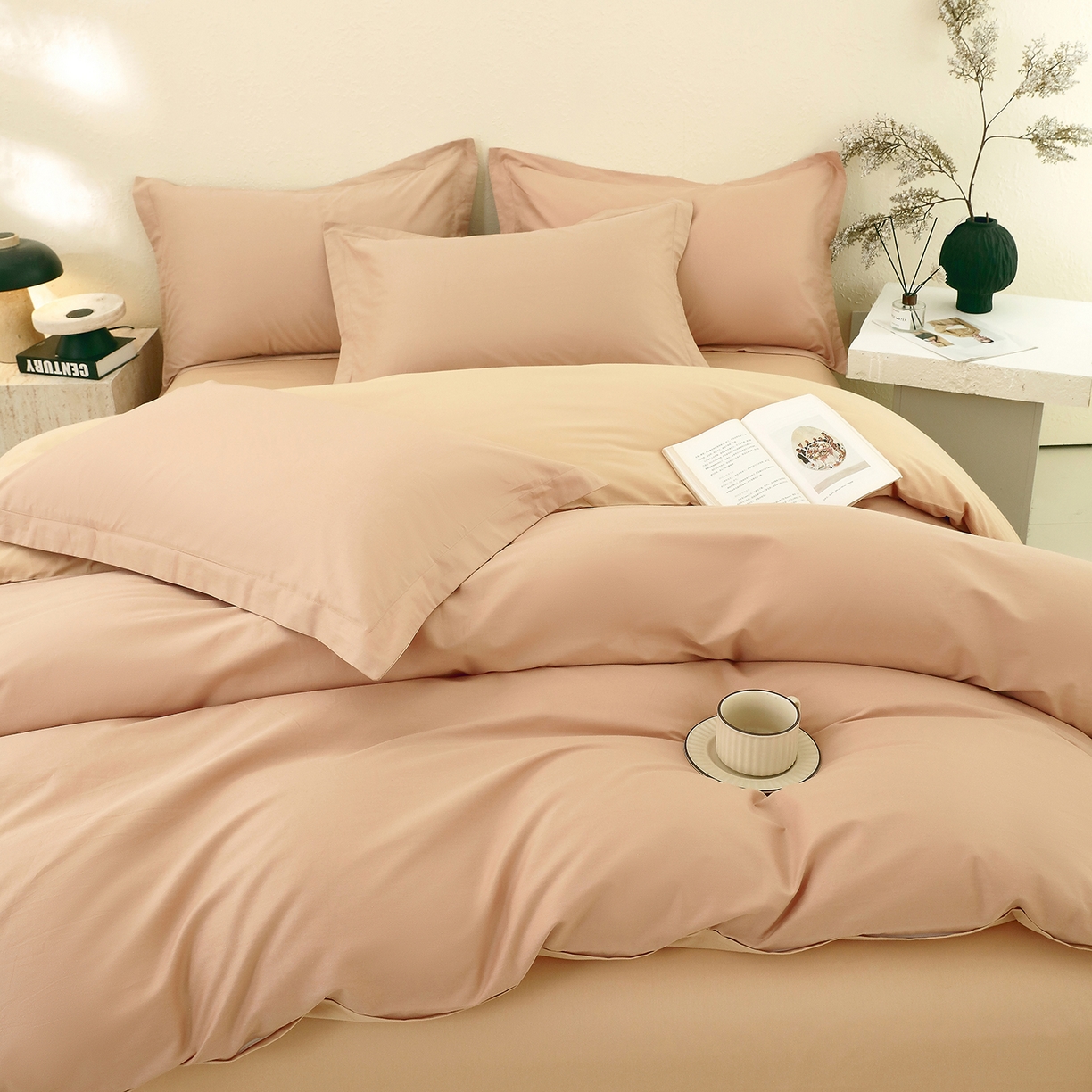 91家纺网 家纺一手货源 找家纺 小懒猪 2026新款13372A类双拼纯色全棉纯棉四件套 茶棕-奇遇金