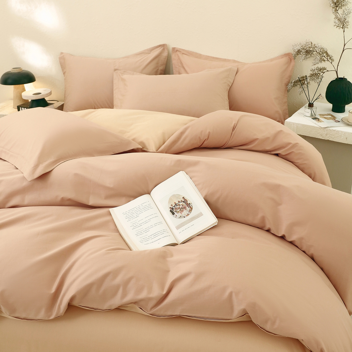 91家纺网 家纺一手货源 找家纺 小懒猪 2026新款13372A类双拼纯色全棉纯棉四件套 茶棕-奇遇金