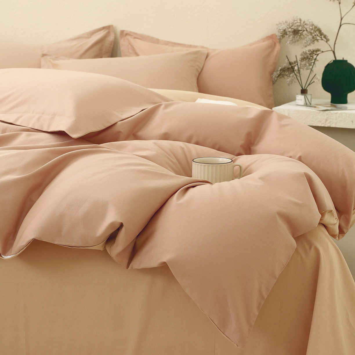 91家纺网 家纺一手货源 找家纺 小懒猪 2026新款13372A类双拼纯色全棉纯棉四件套 茶棕-奇遇金