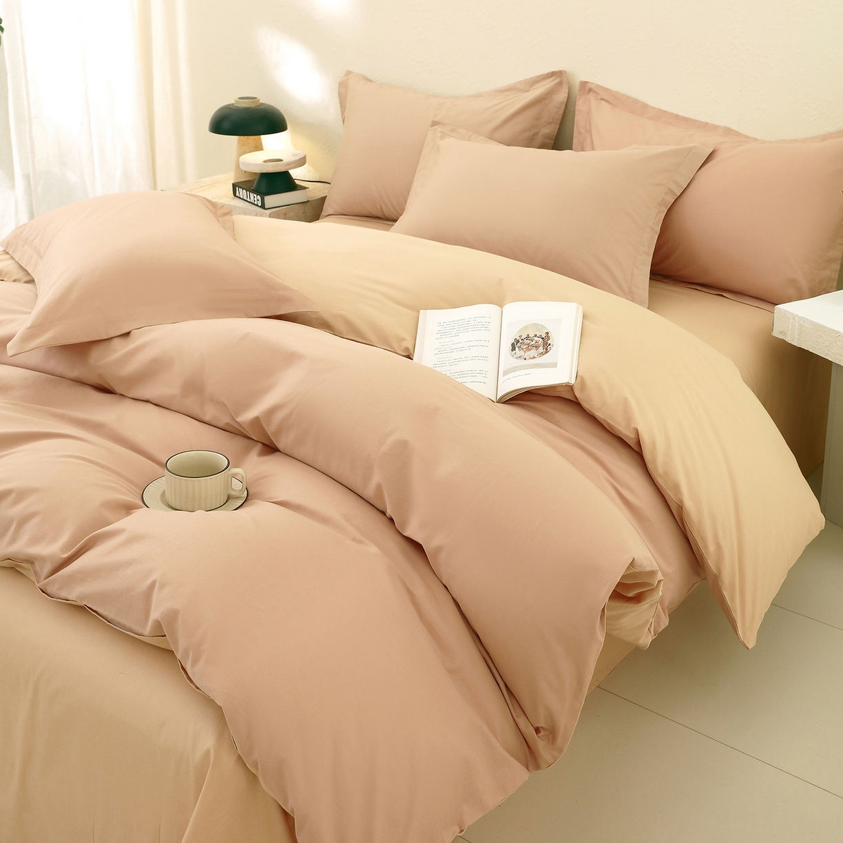 91家纺网 家纺一手货源 找家纺 小懒猪 2026新款13372A类双拼纯色全棉纯棉四件套 茶棕-奇遇金