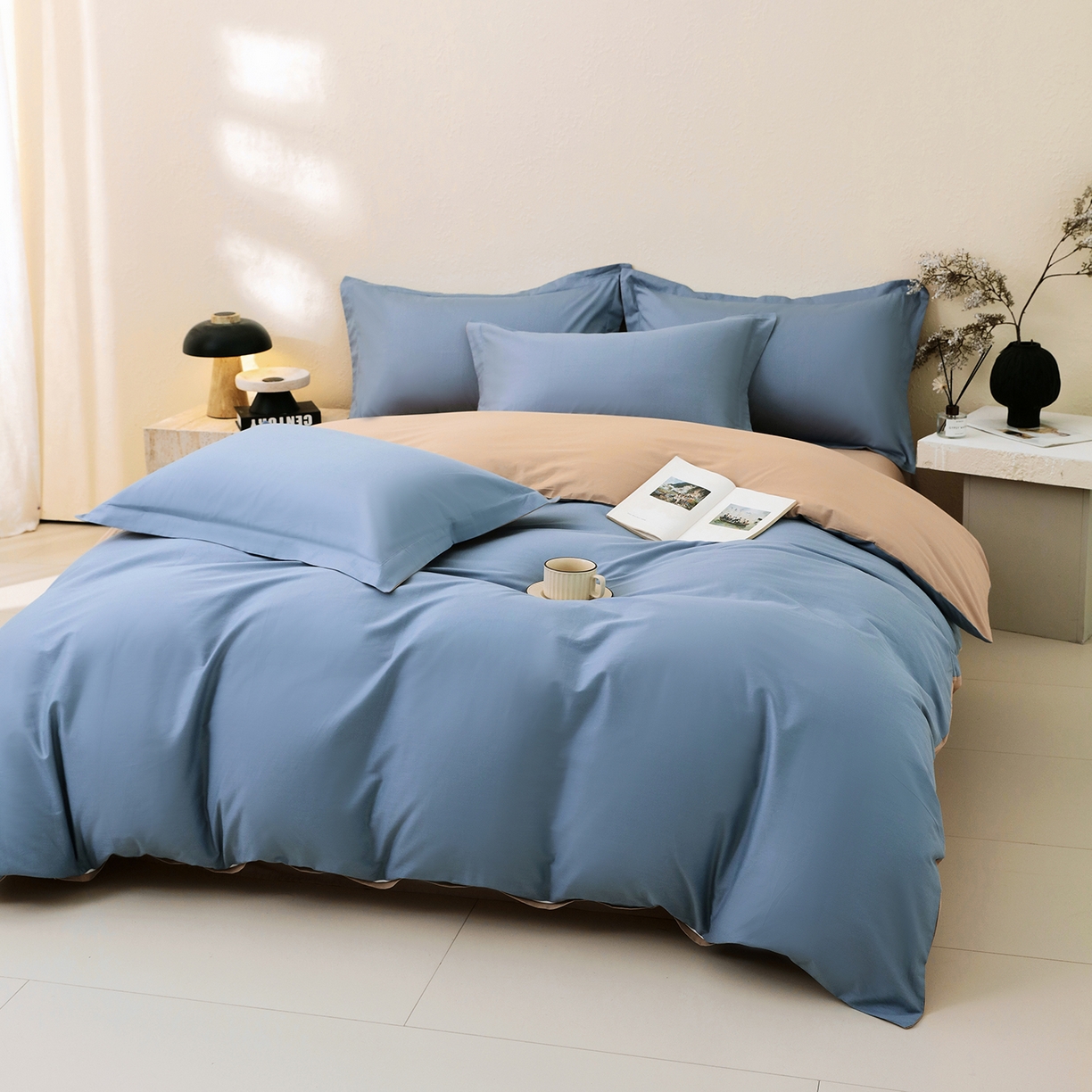 91家纺网 家纺一手货源 找家纺 小懒猪 2026新款13372A类双拼纯色全棉纯棉四件套 莱茵蓝-茶棕