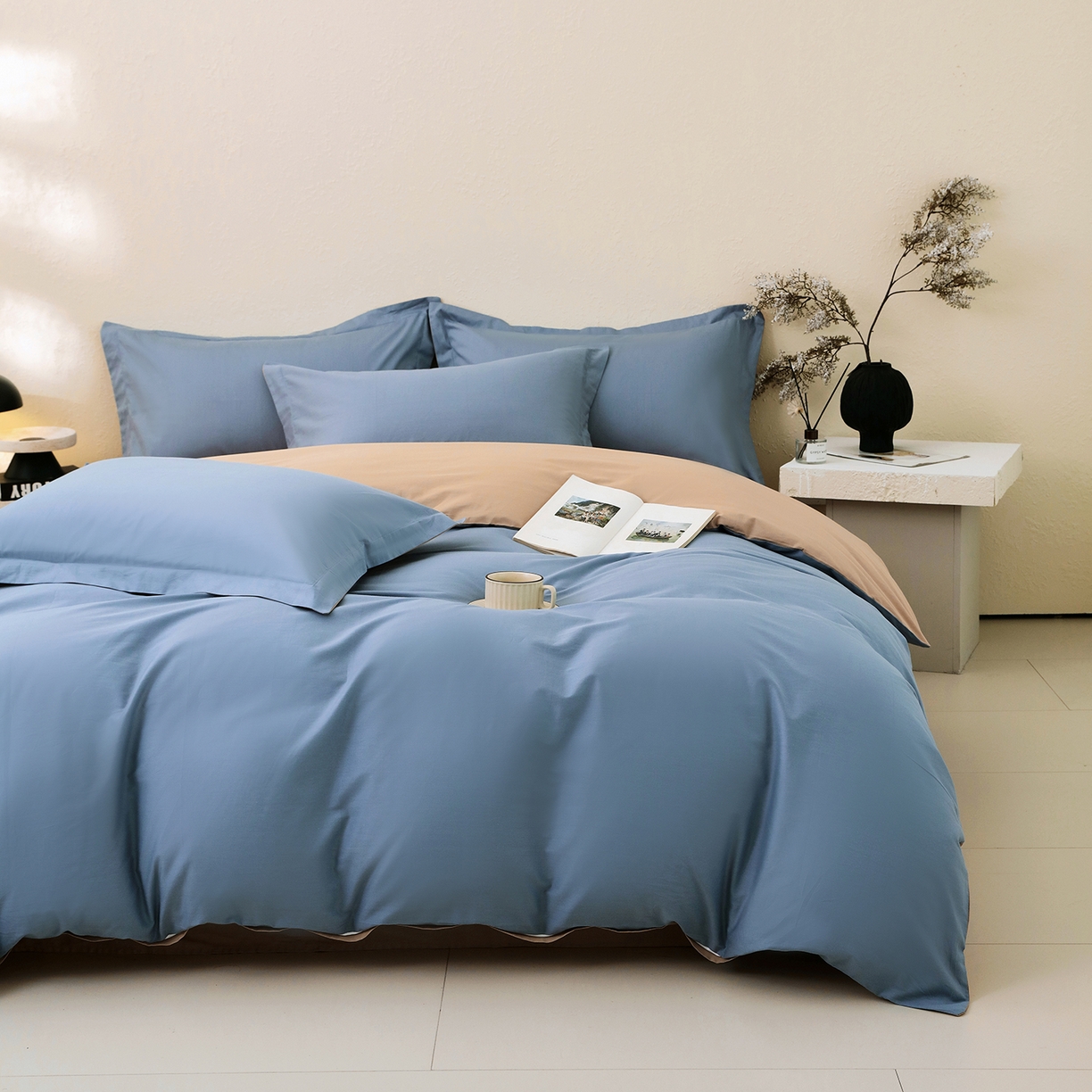 91家纺网 家纺一手货源 找家纺 小懒猪 2026新款13372A类双拼纯色全棉纯棉四件套 莱茵蓝-茶棕