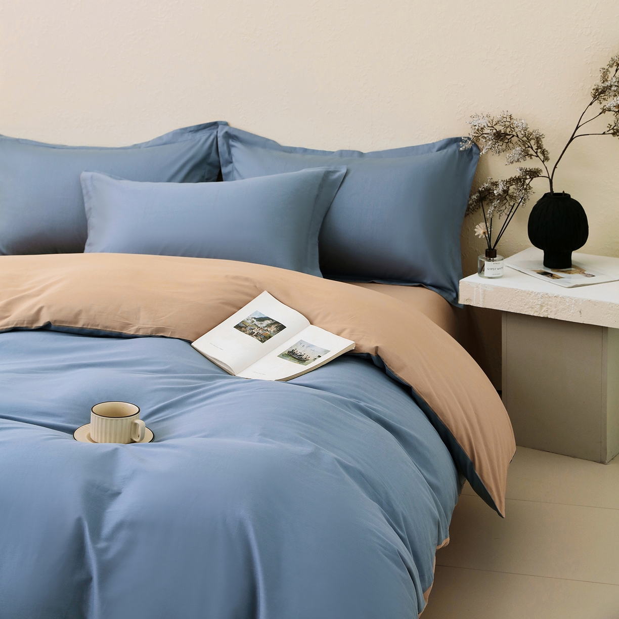 91家纺网 家纺一手货源 找家纺 小懒猪 2026新款13372A类双拼纯色全棉纯棉四件套 莱茵蓝-茶棕