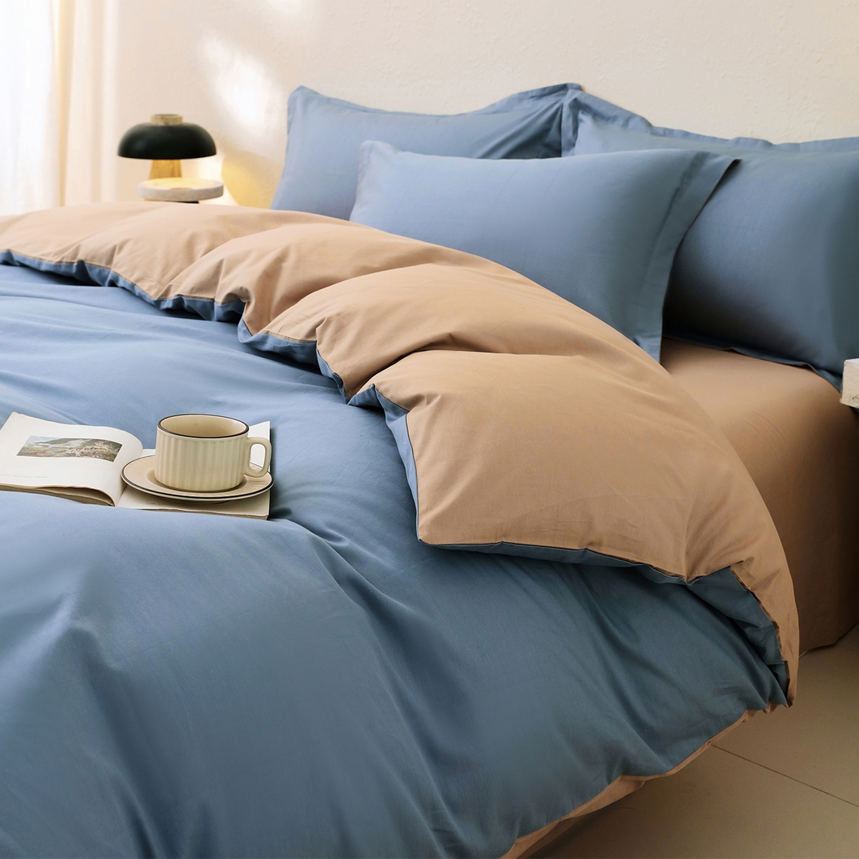 91家纺网 家纺一手货源 找家纺 小懒猪 2026新款13372A类双拼纯色全棉纯棉四件套 莱茵蓝-茶棕