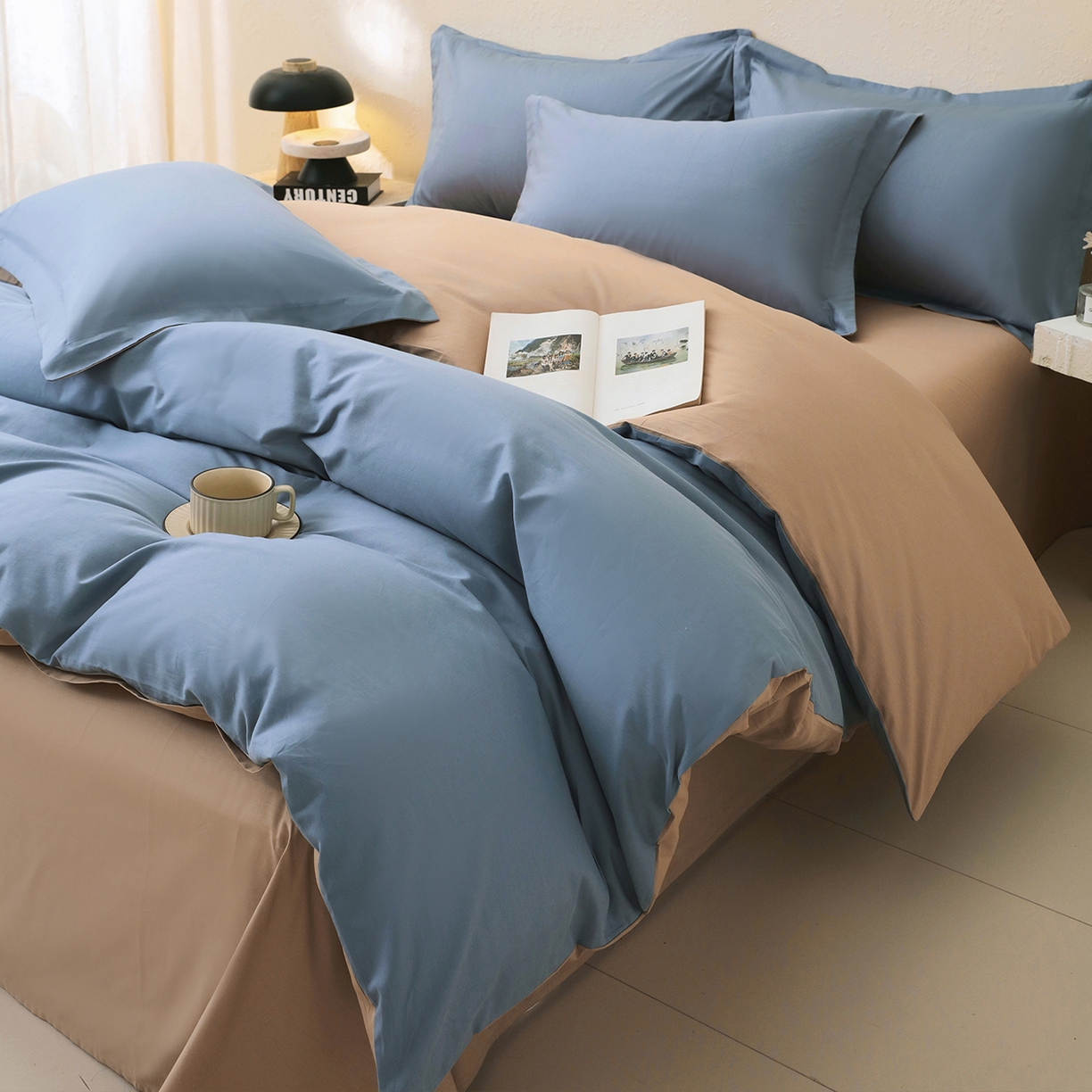 91家纺网 家纺一手货源 找家纺 小懒猪 2026新款13372A类双拼纯色全棉纯棉四件套 莱茵蓝-茶棕