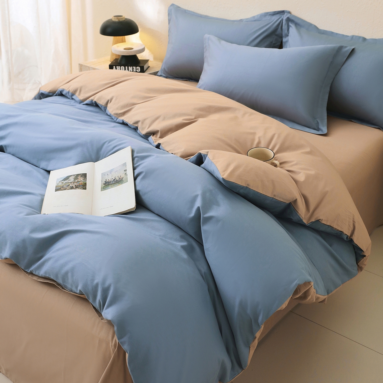 91家纺网 家纺一手货源 找家纺 小懒猪 2026新款13372A类双拼纯色全棉纯棉四件套 莱茵蓝-茶棕