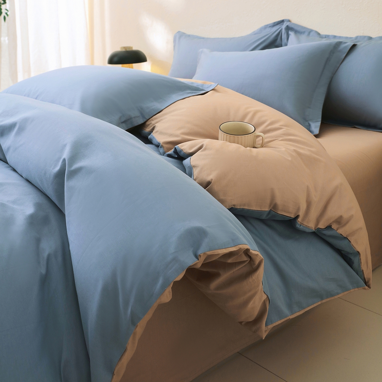 91家纺网 家纺一手货源 找家纺 小懒猪 2026新款13372A类双拼纯色全棉纯棉四件套 莱茵蓝-茶棕