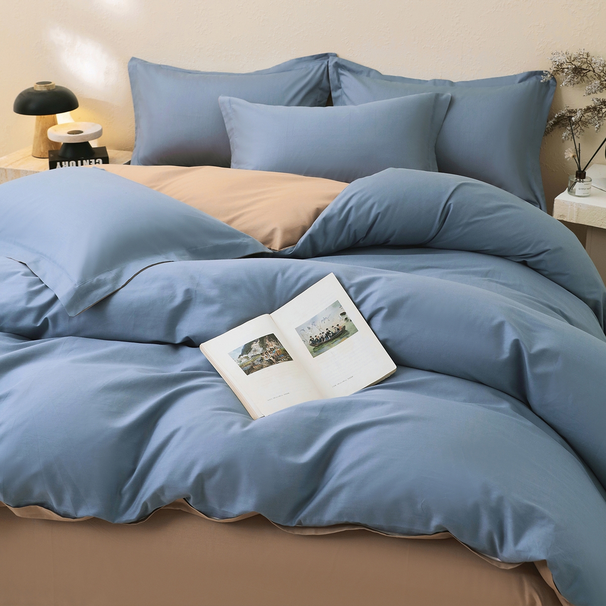 91家纺网 家纺一手货源 找家纺 小懒猪 2026新款13372A类双拼纯色全棉纯棉四件套 莱茵蓝-茶棕