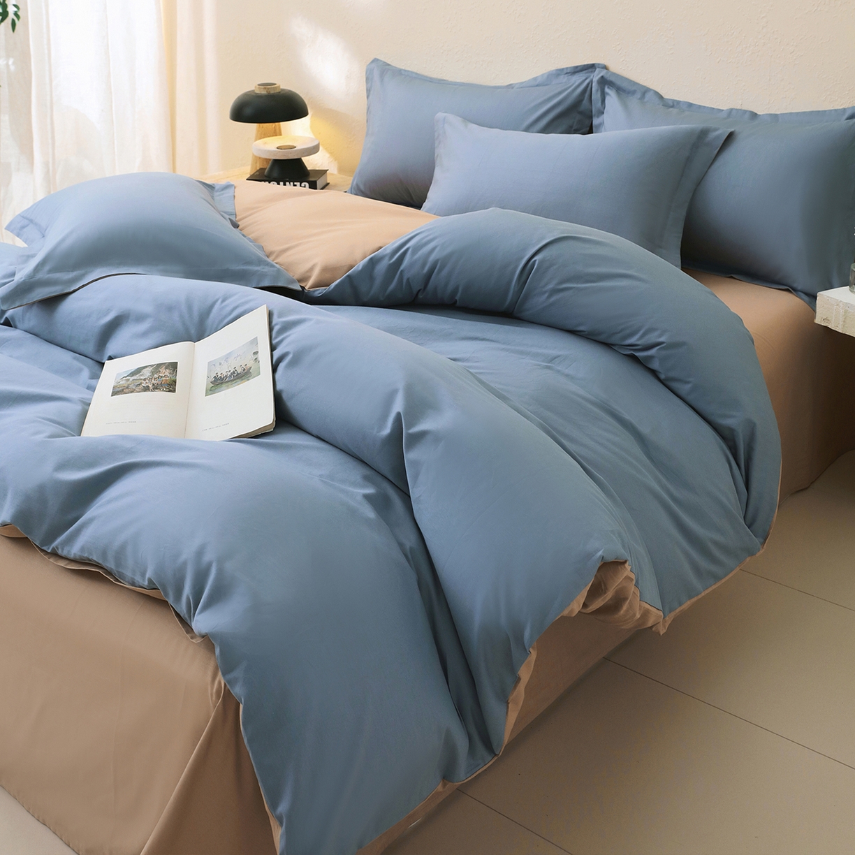 91家纺网 家纺一手货源 找家纺 小懒猪 2026新款13372A类双拼纯色全棉纯棉四件套 莱茵蓝-茶棕