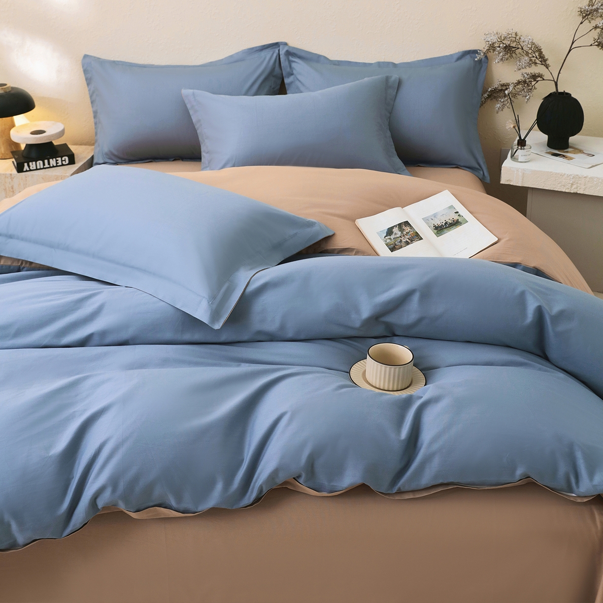 91家纺网 家纺一手货源 找家纺 小懒猪 2026新款13372A类双拼纯色全棉纯棉四件套 莱茵蓝-茶棕